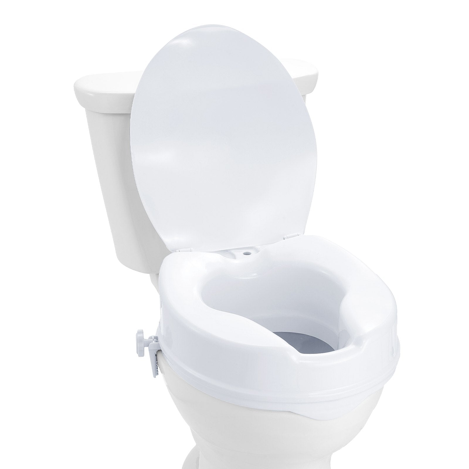 White toilet seat with a raised seat cover on a white background