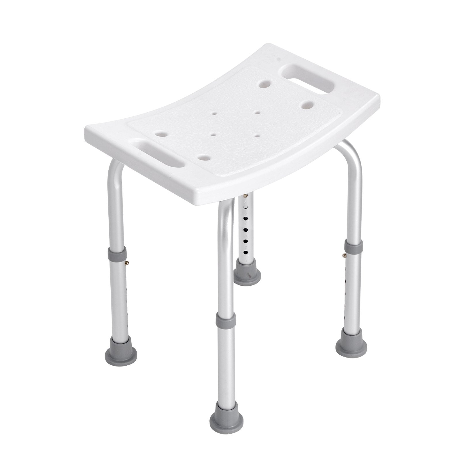 White adjustable shower bench with gray feet on a white background