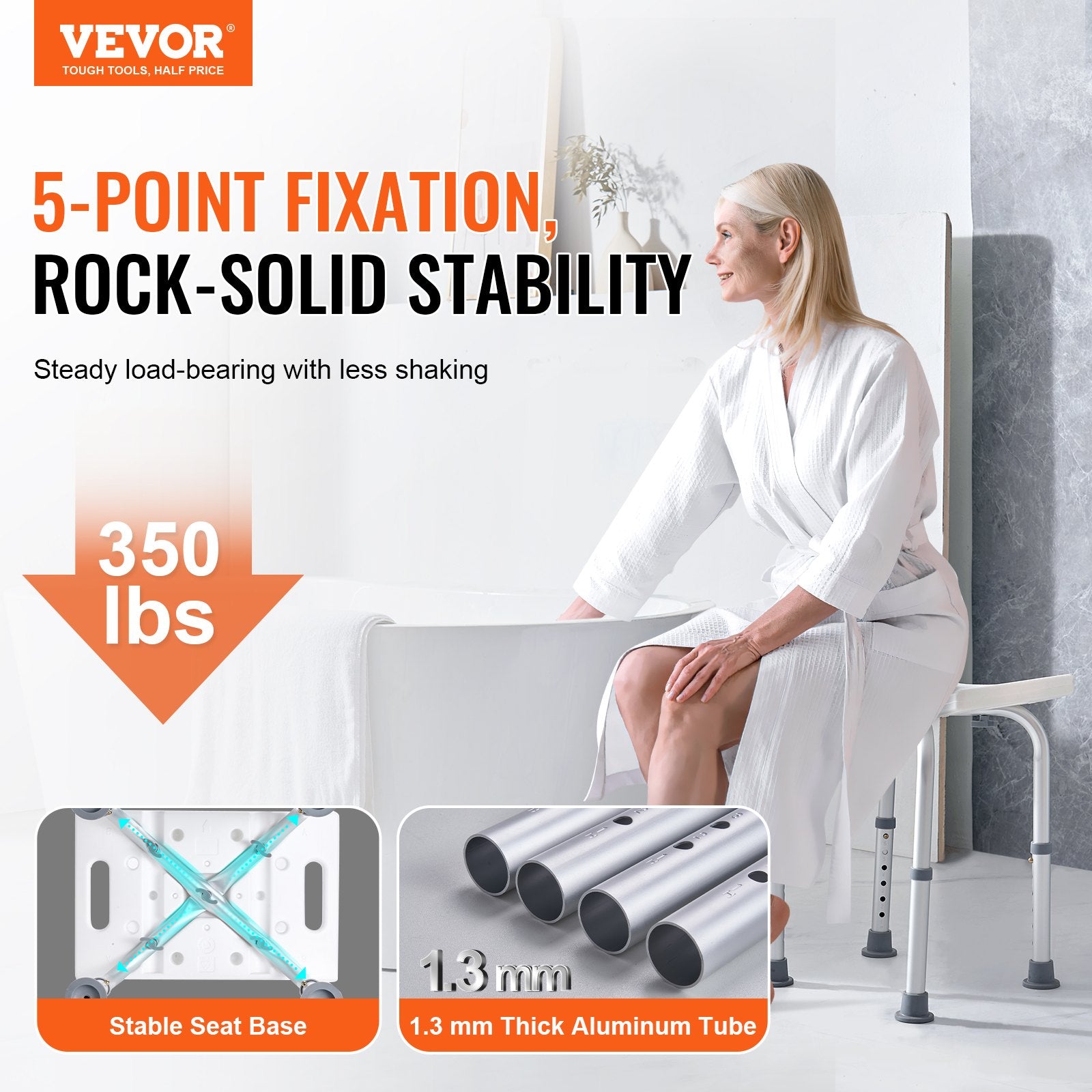 Woman sitting on a VEVOR shower bench with product features highlighted.