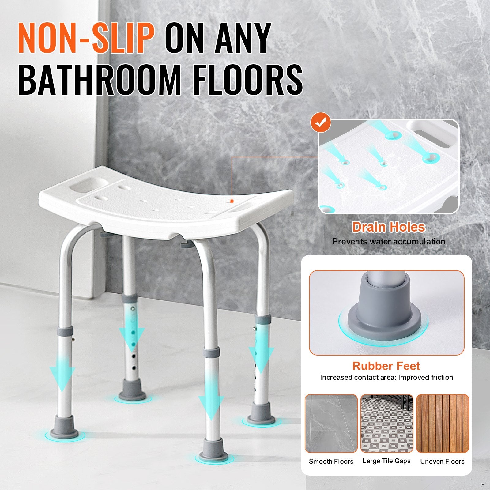 Bathroom safety stool with features highlighted on a gray floor.