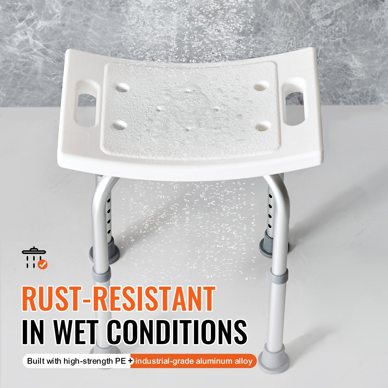 White shower bench with text highlighting rust-resistance in wet conditions on a gray background