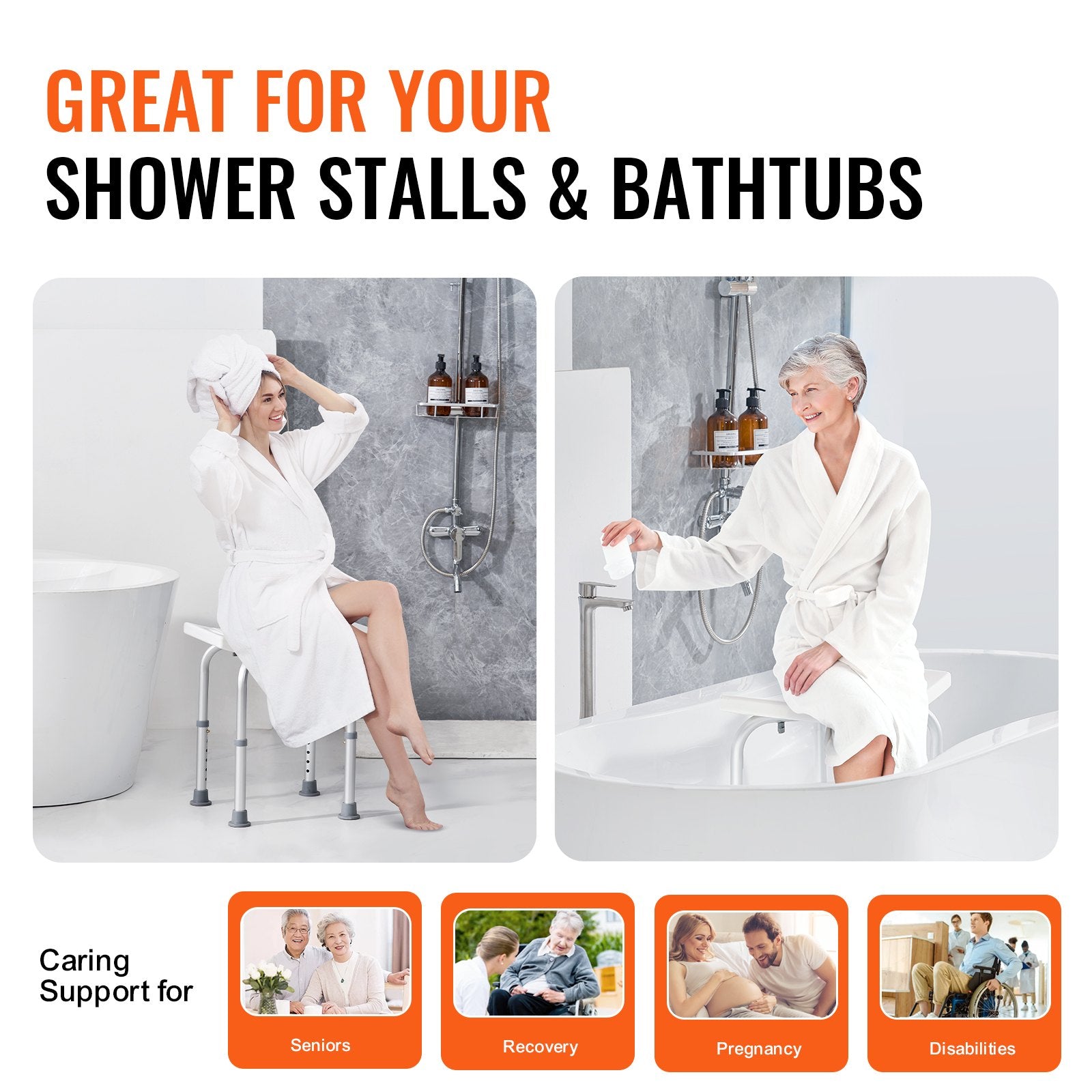 Product advertisement for shower stalls and bathtubs with images of a woman using a stool and bathtub.