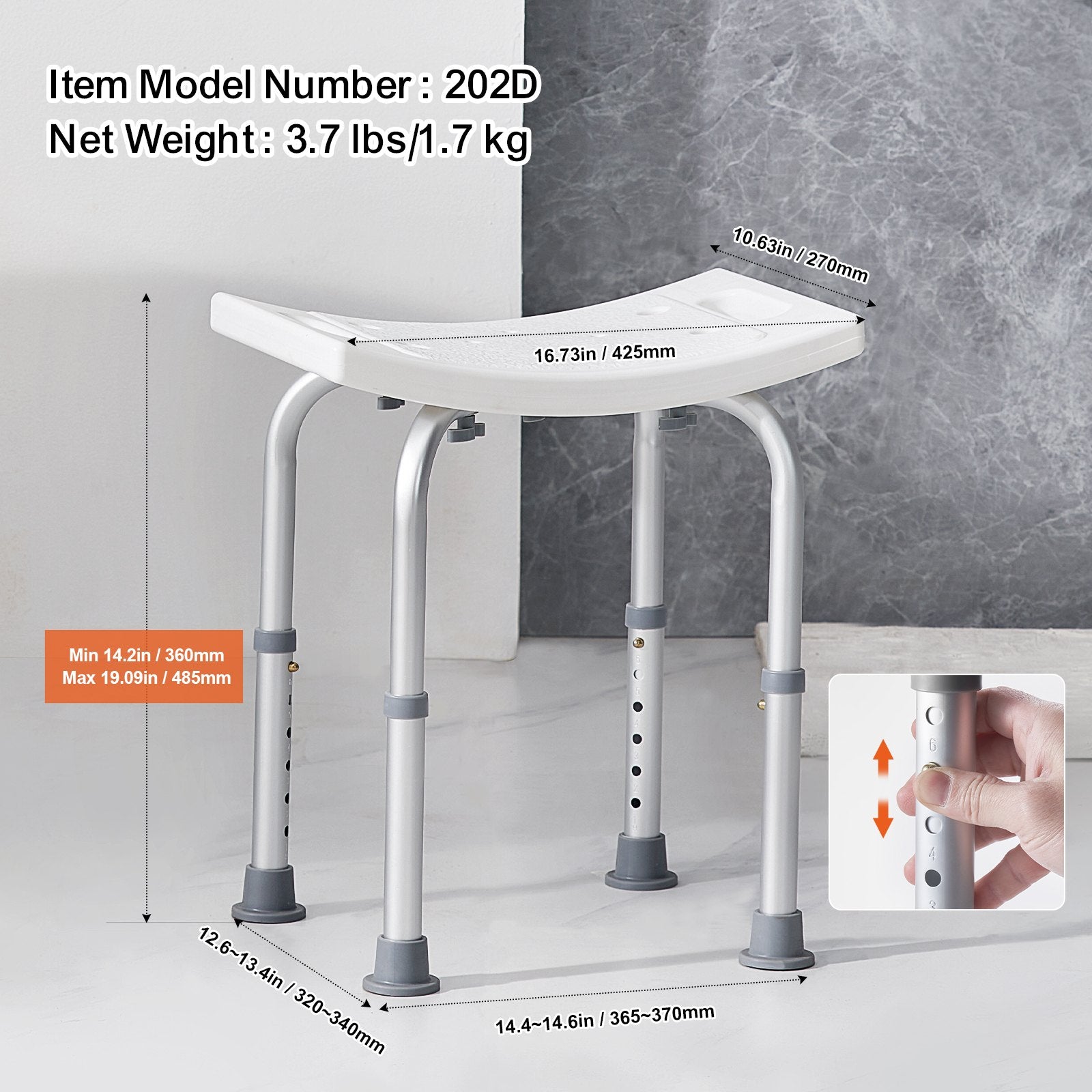 White adjustable shower stool with measurements and model number on a gray background