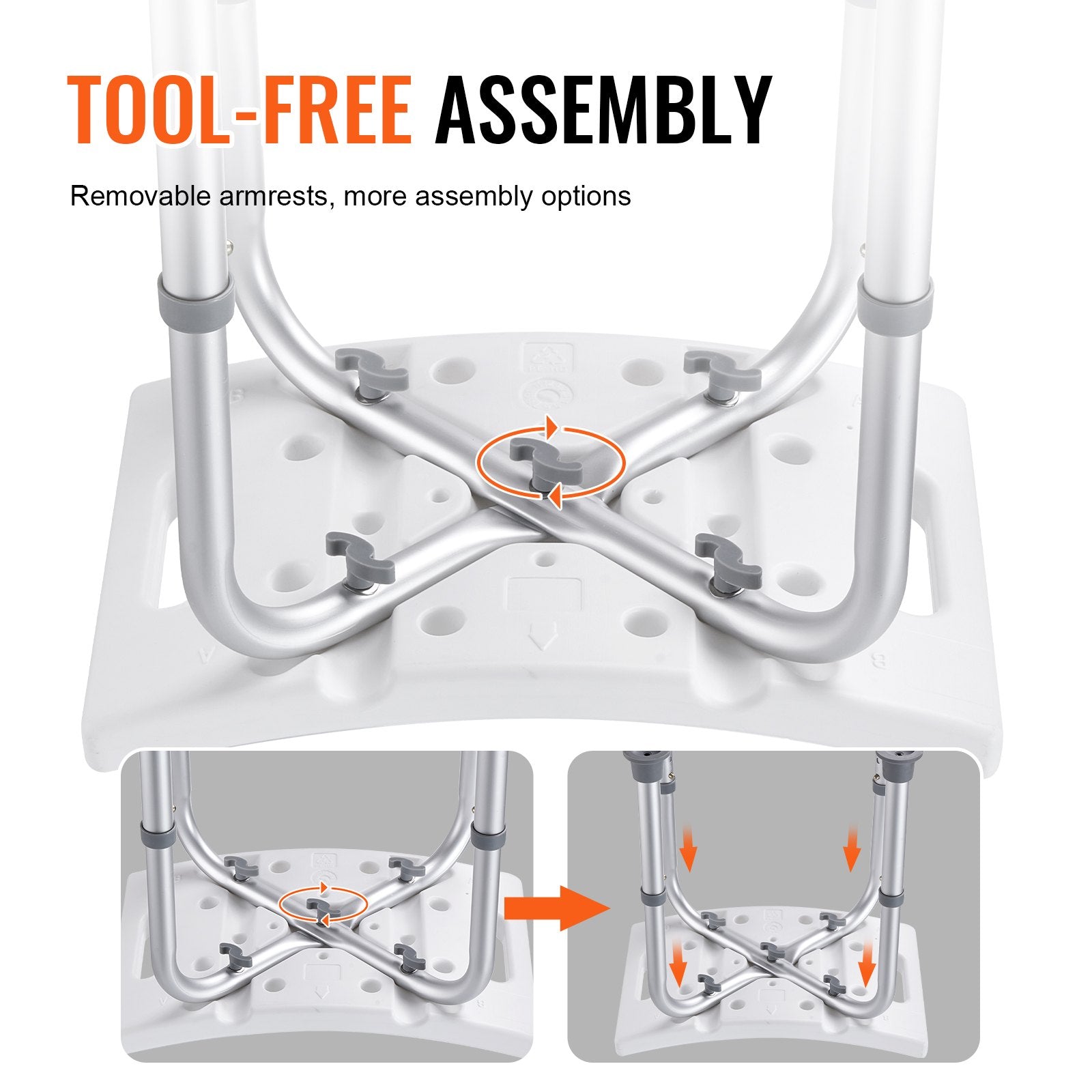Tool-free assembly of a metal frame with removable armrests on a white background.