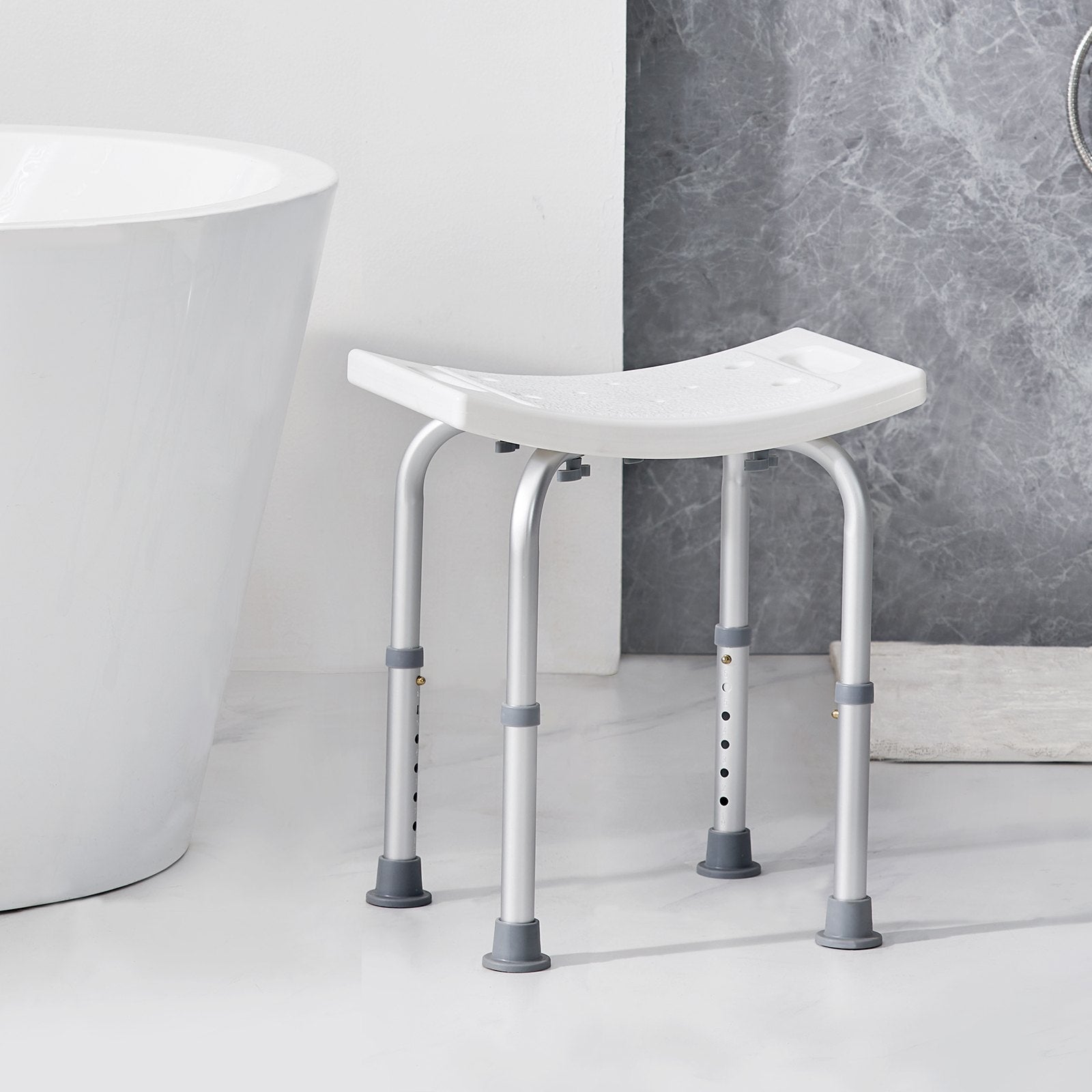 Adjustable shower stool in a bathroom setting with a bathtub and tiled wall.