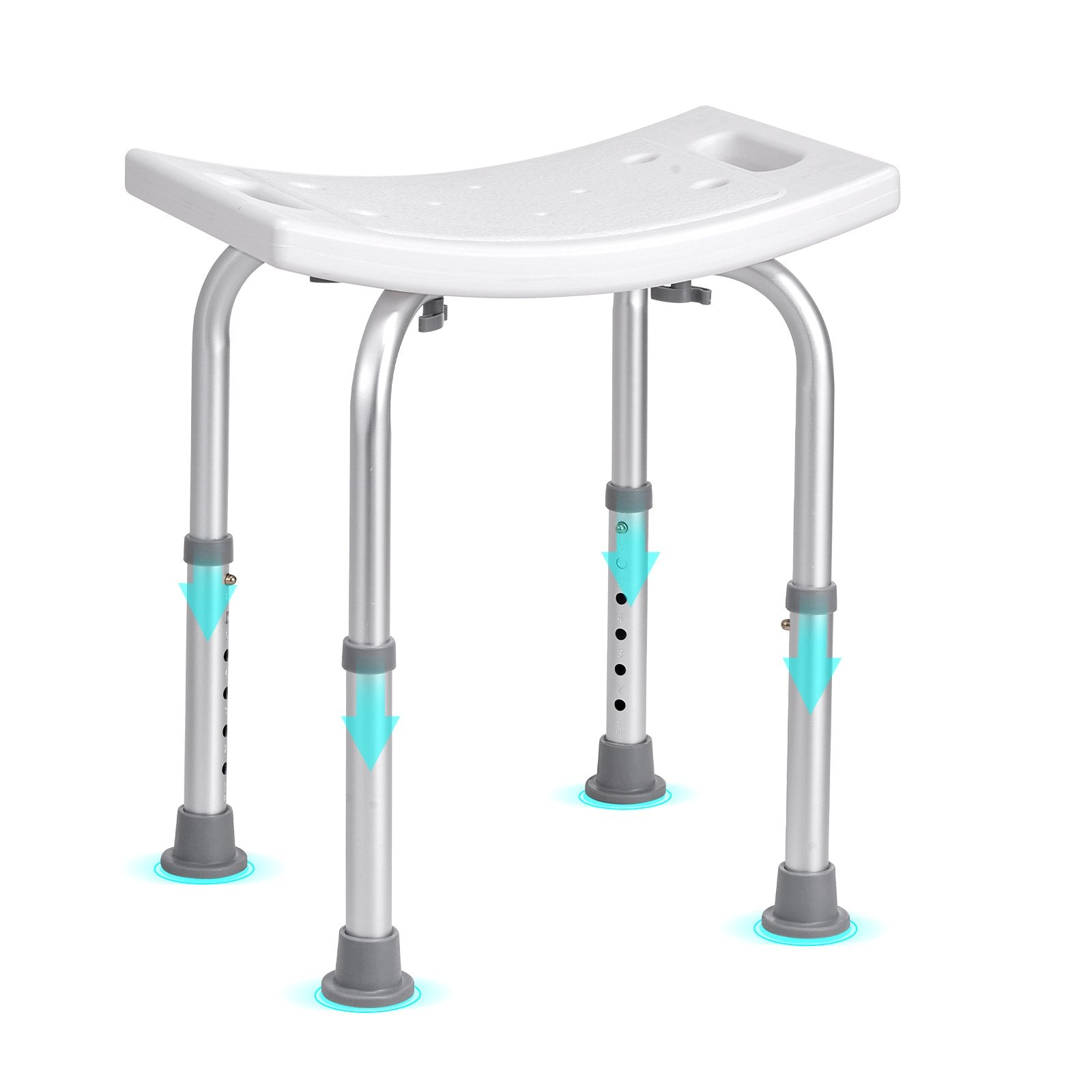 Adjustable shower stool with white seat and metal frame on a white background