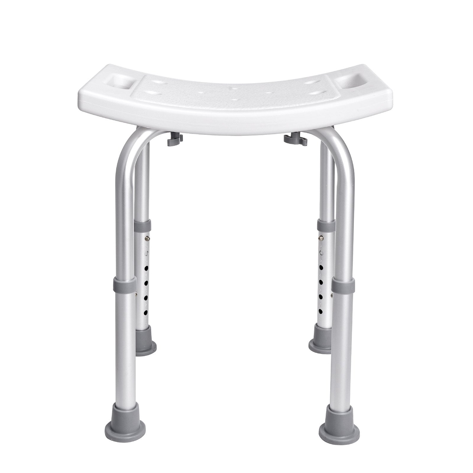 White shower stool with adjustable legs on a white background