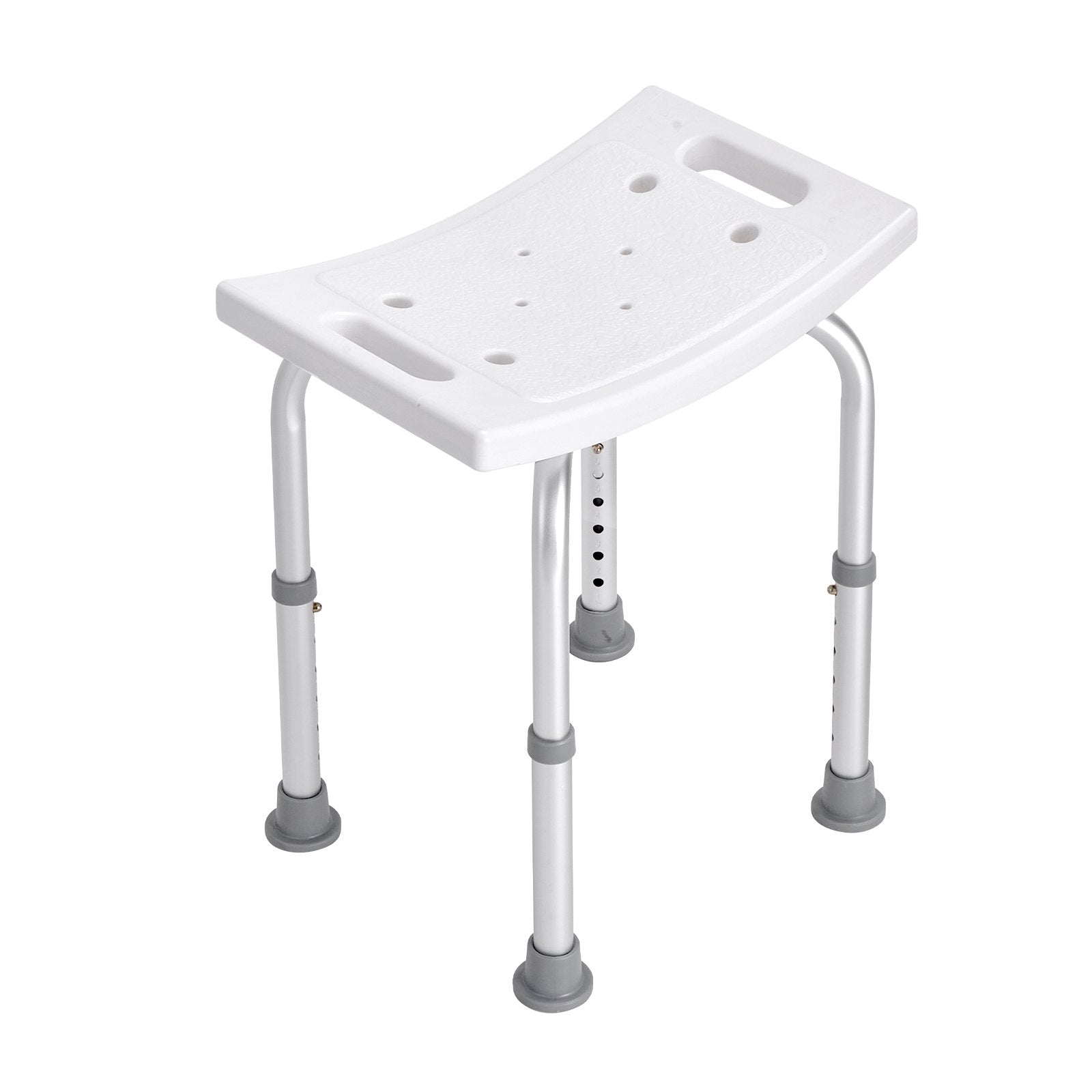 White adjustable shower bench with gray feet on a white background