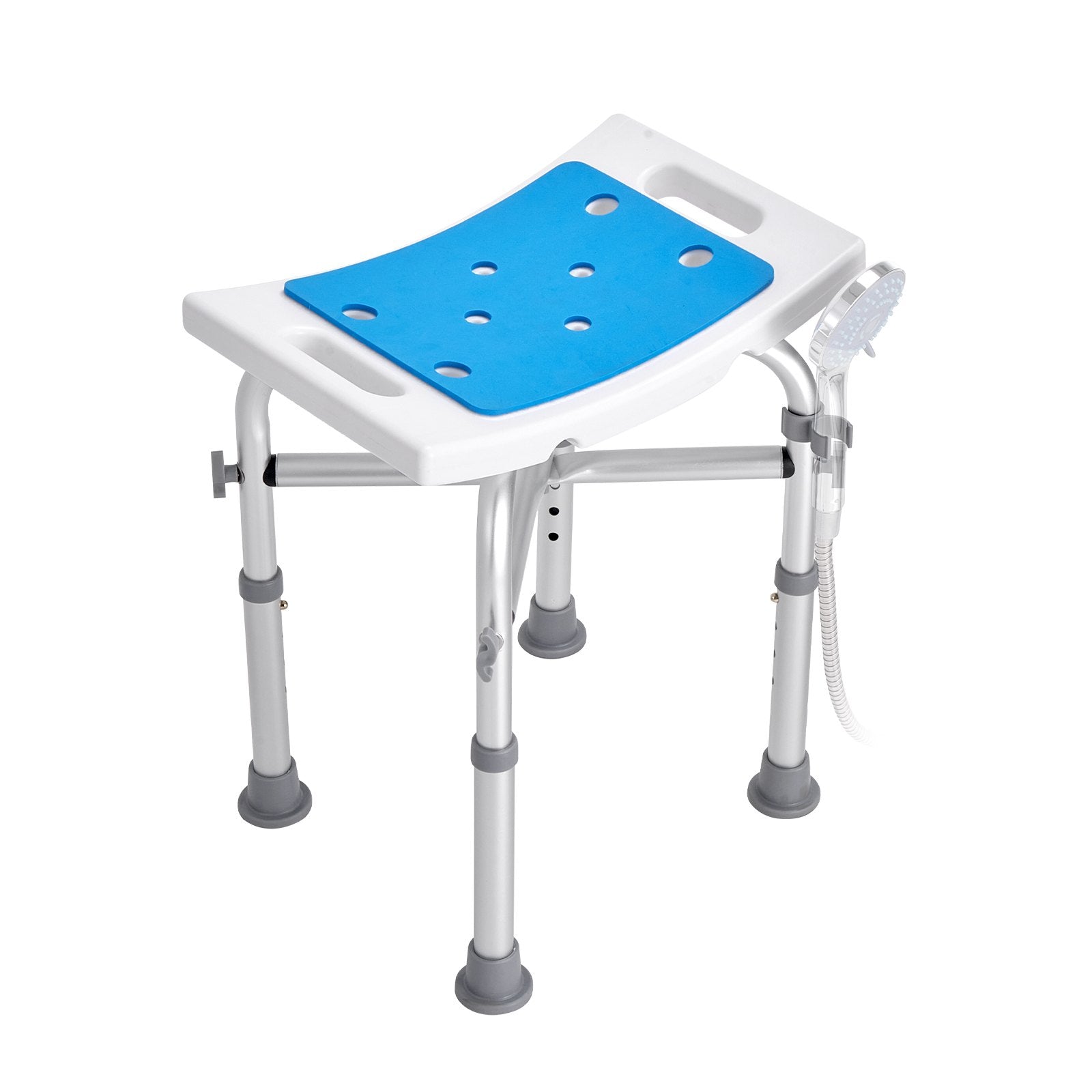 Adjustable shower stool with blue seat on a white background