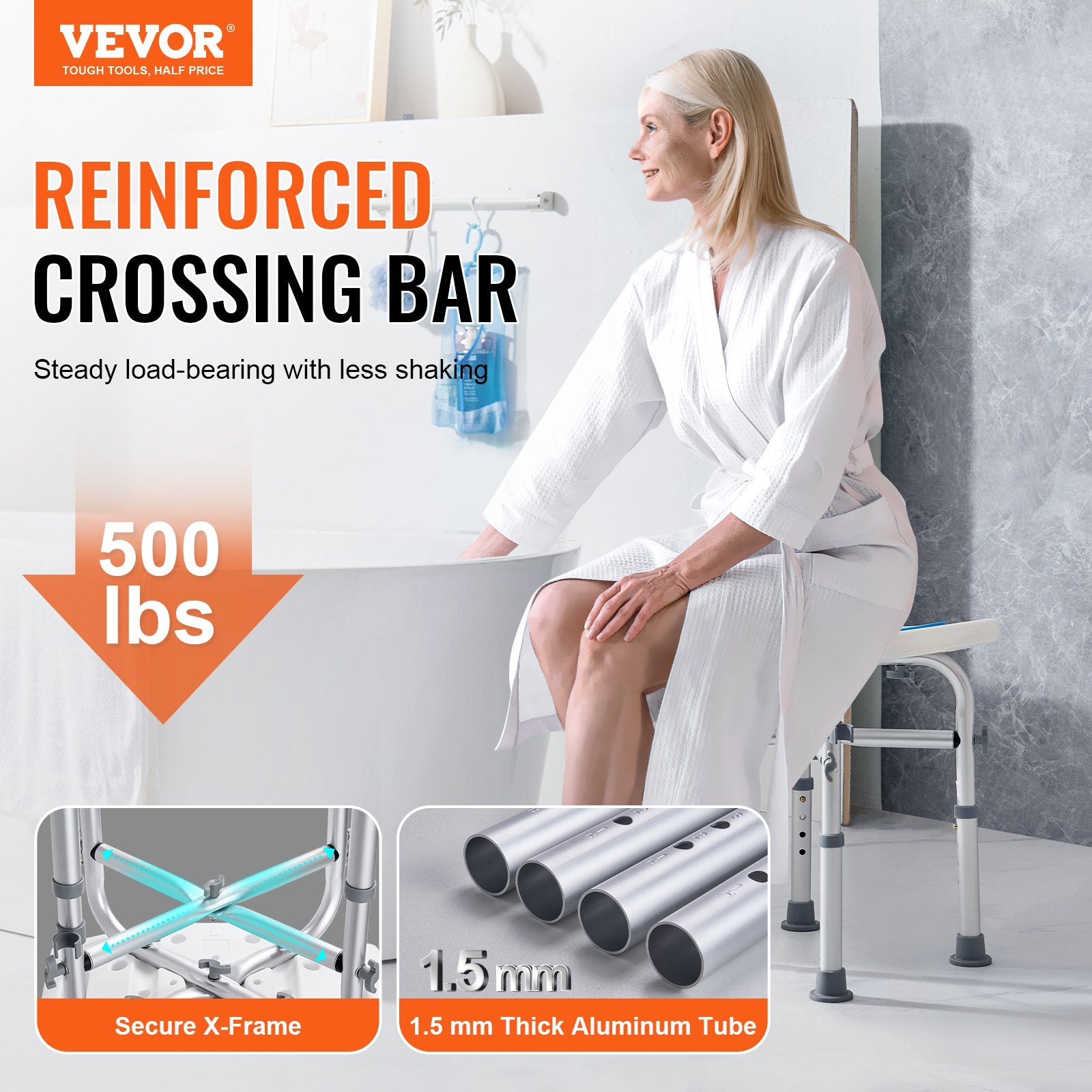 Woman sitting on a VEVOR shower chair with product features highlighted.