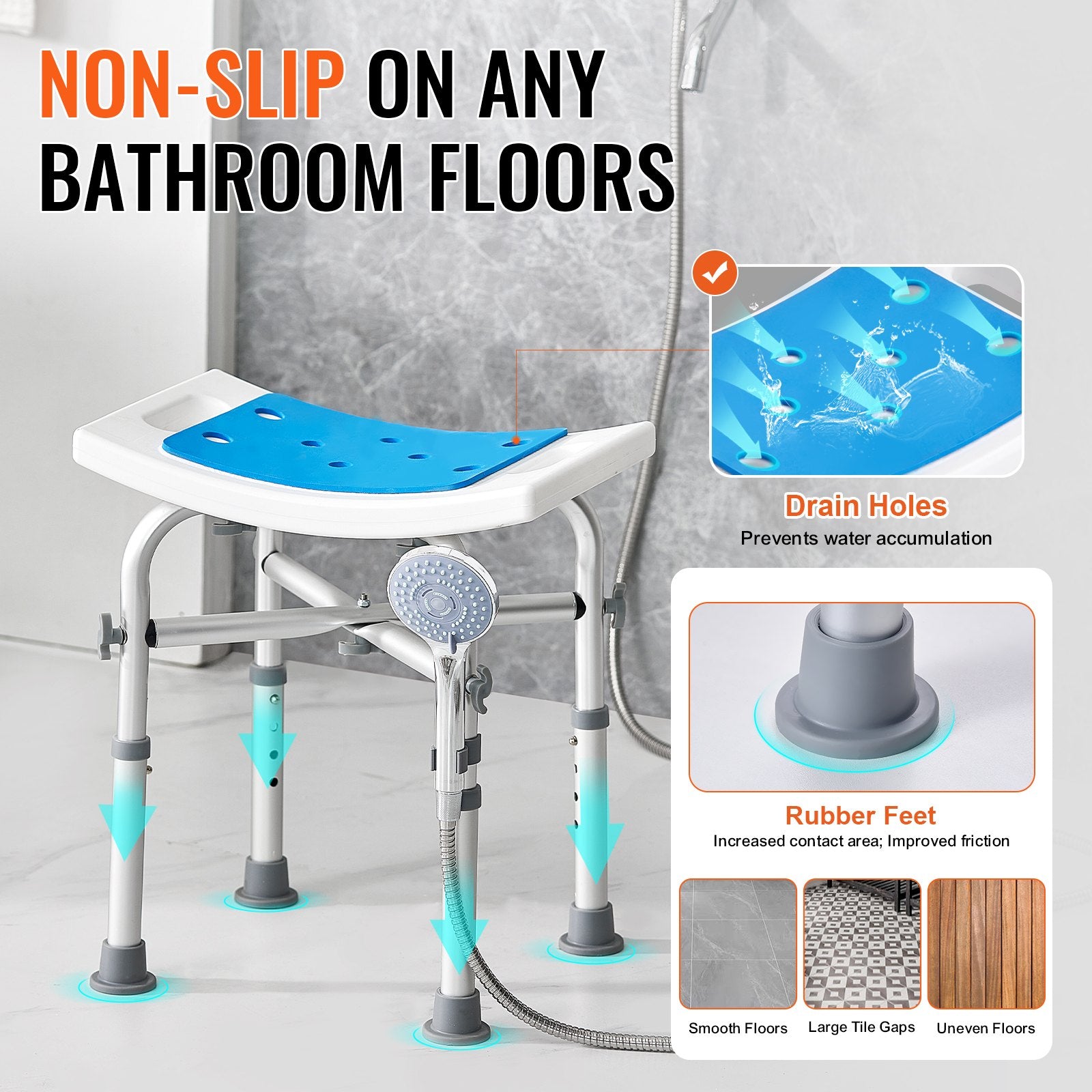 Bath support seat with shower attachment on a bathroom floor, highlighting features like drain holes and rubber feet.