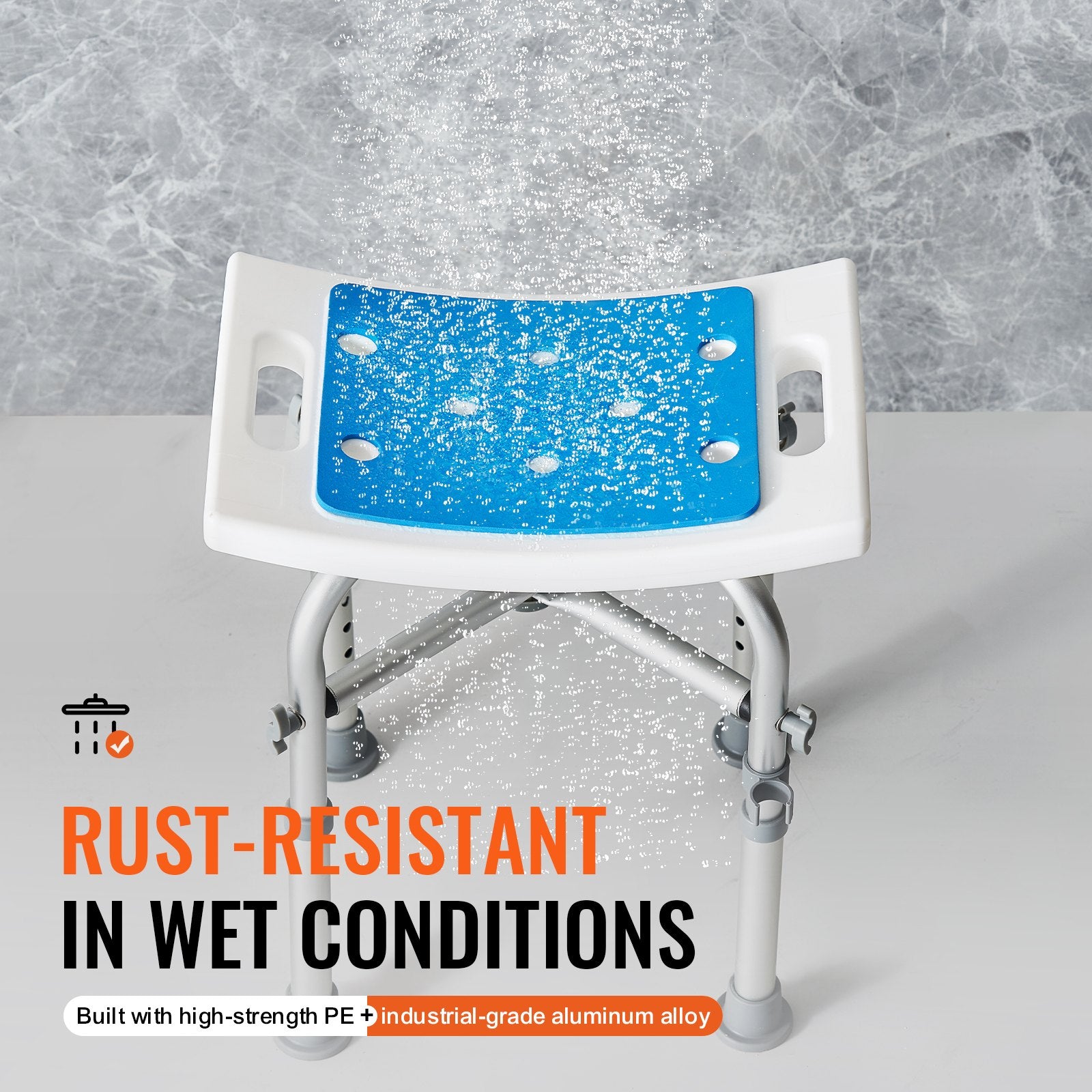 White shower bench with blue seat on a gray background, featuring text about rust-resistance in wet conditions.