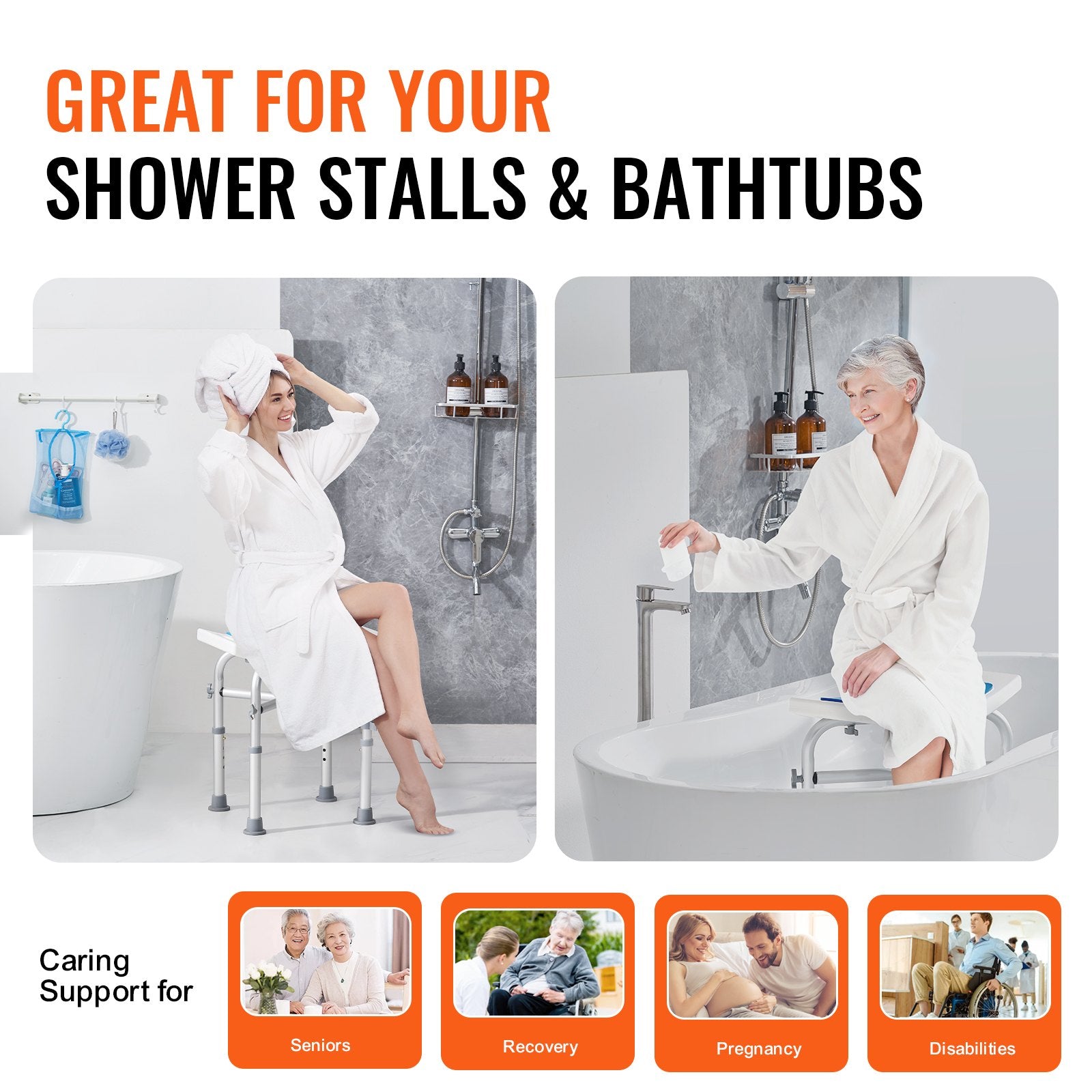 Advertisement for bathroom products with a woman in a bathrobe sitting on a stool and another using a bathtub, with text highlighting suitability for shower stalls and bathtubs.