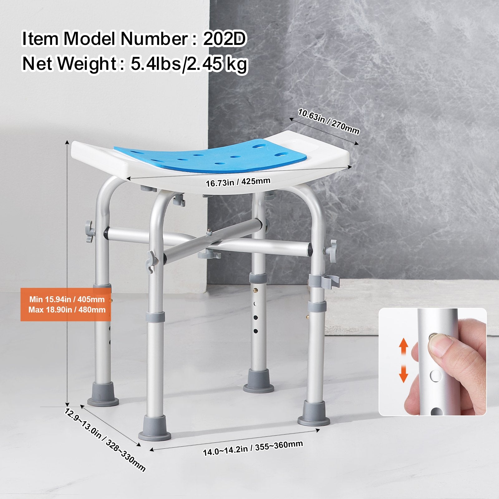 Adjustable shower stool with blue seat and measurement details on a gray background
