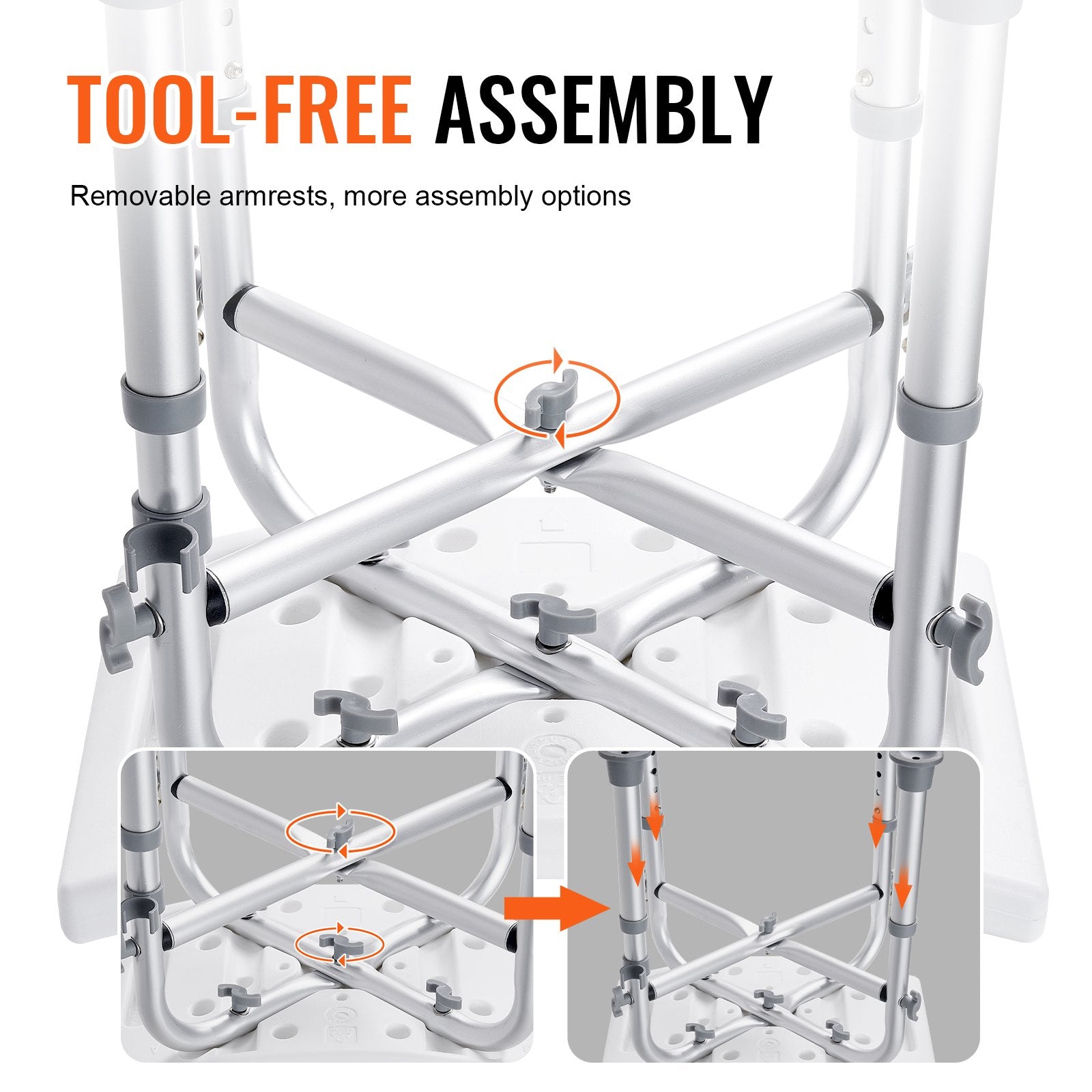 Metal frame with tool-free assembly instructions on a white background