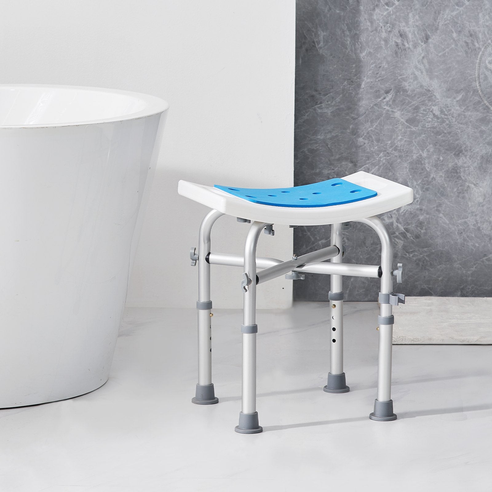 Foldable shower stool with blue seat in a bathroom setting