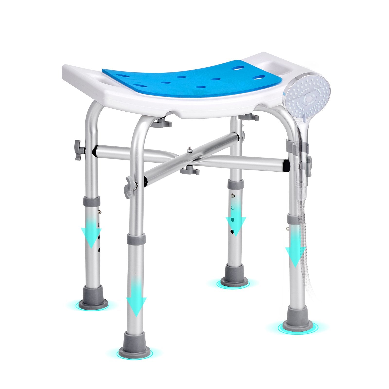 Adjustable shower stool with blue seat and silver frame on a white background