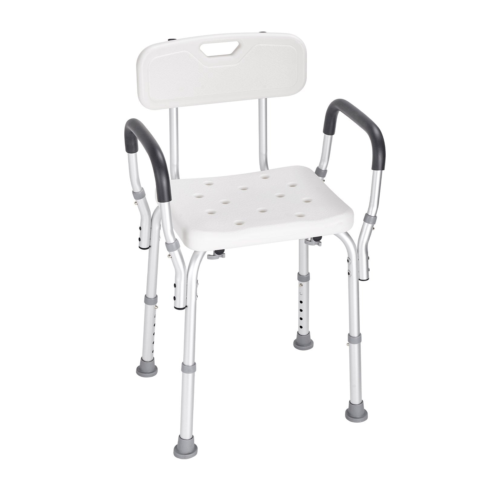 White shower chair with armrests and backrest on a white background