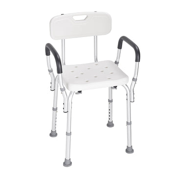 White shower chair with armrests and backrest on a white background