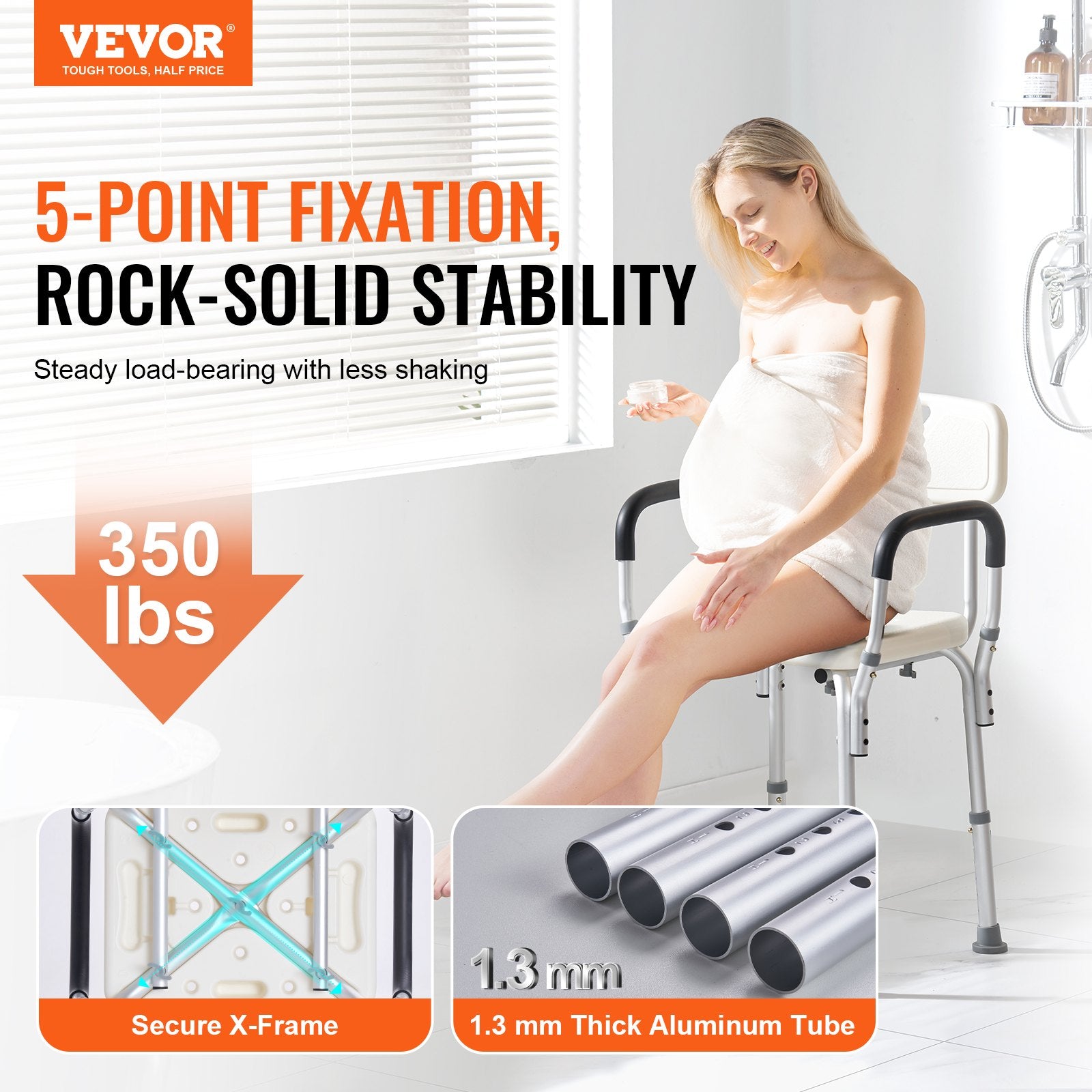 Pregnant woman using a VEVOR shower chair with stability features highlighted.