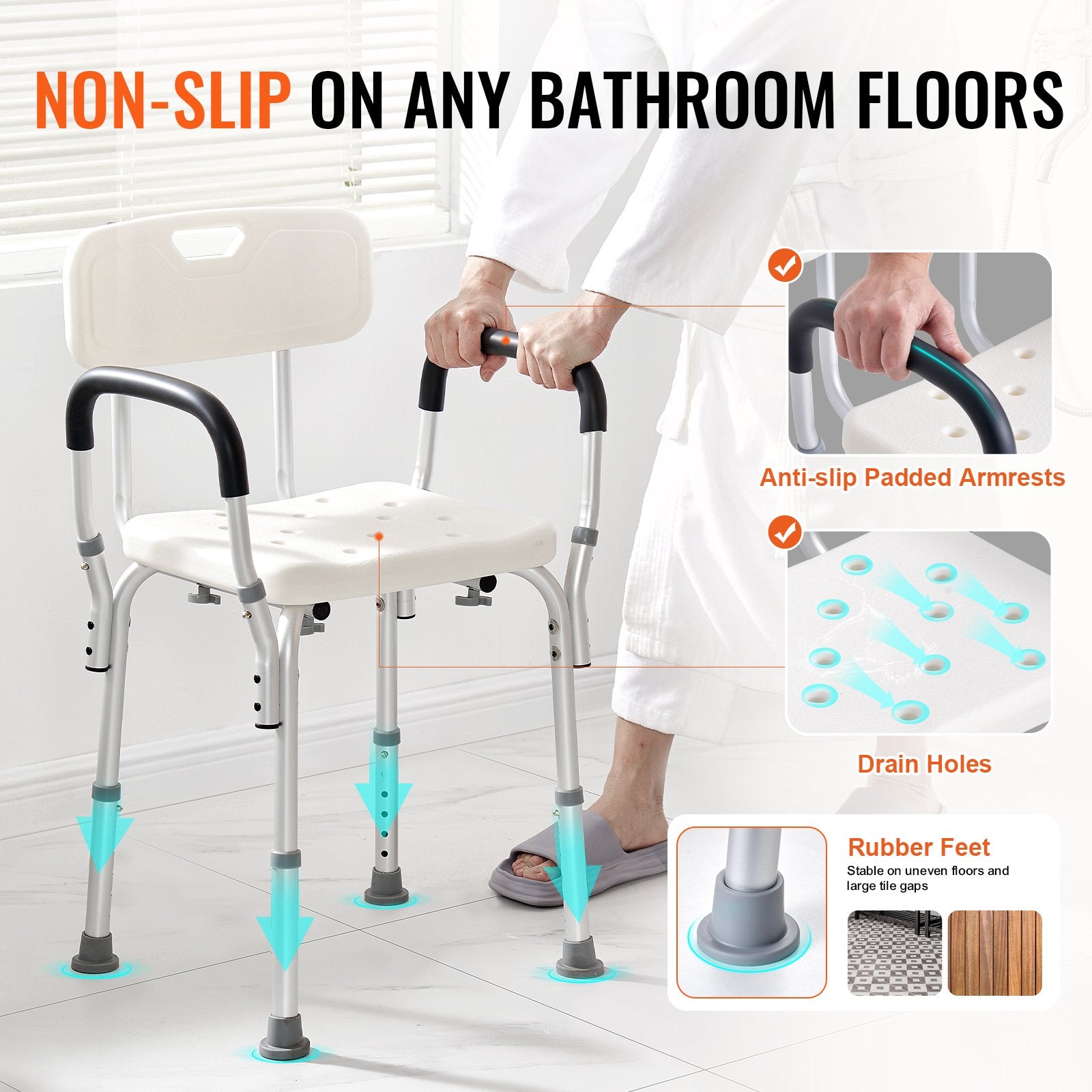 Bathroom safety chair with non-slip features on a tiled floor.