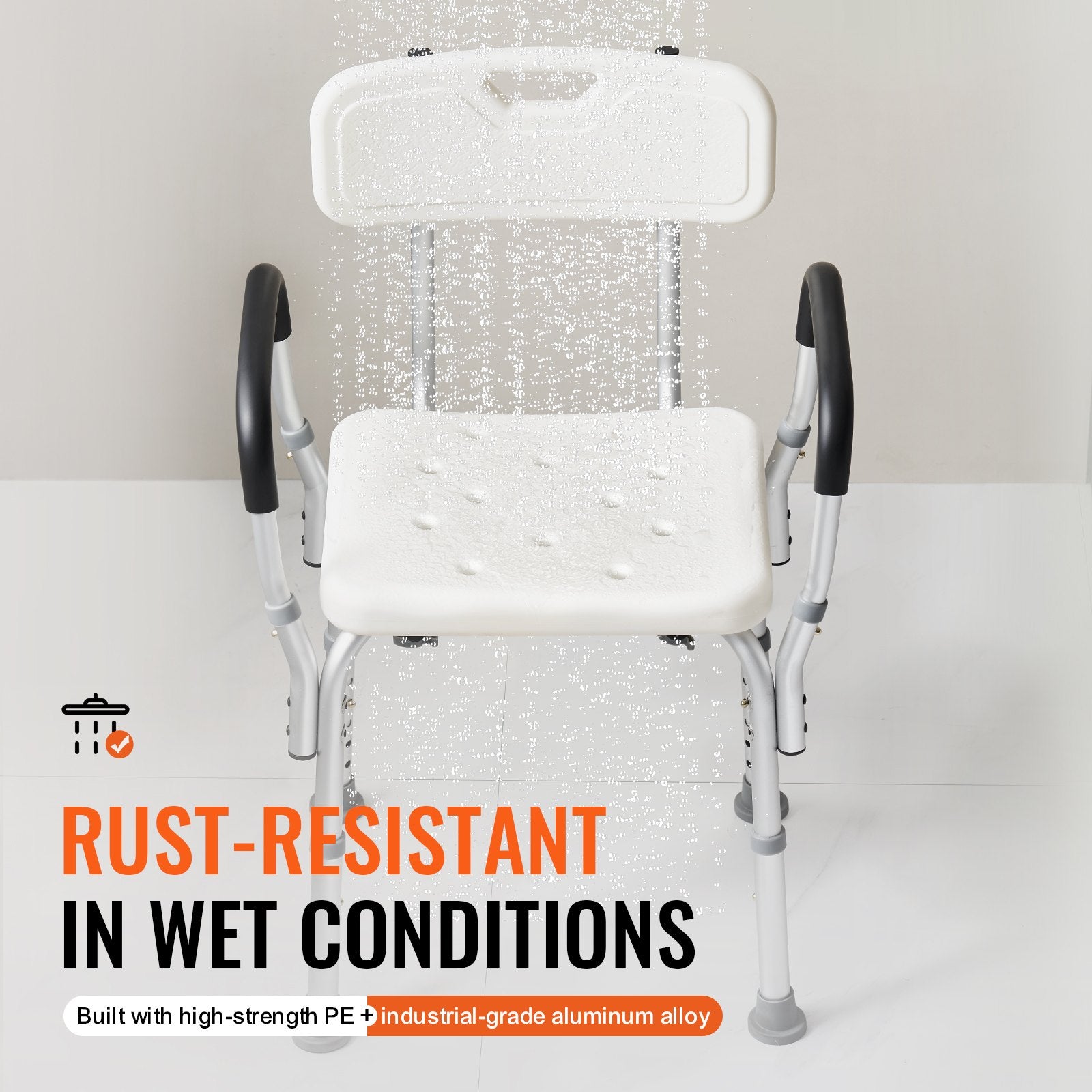 White shower chair with black armrests and footrest on a white background, featuring text about rust-resistance in wet conditions.