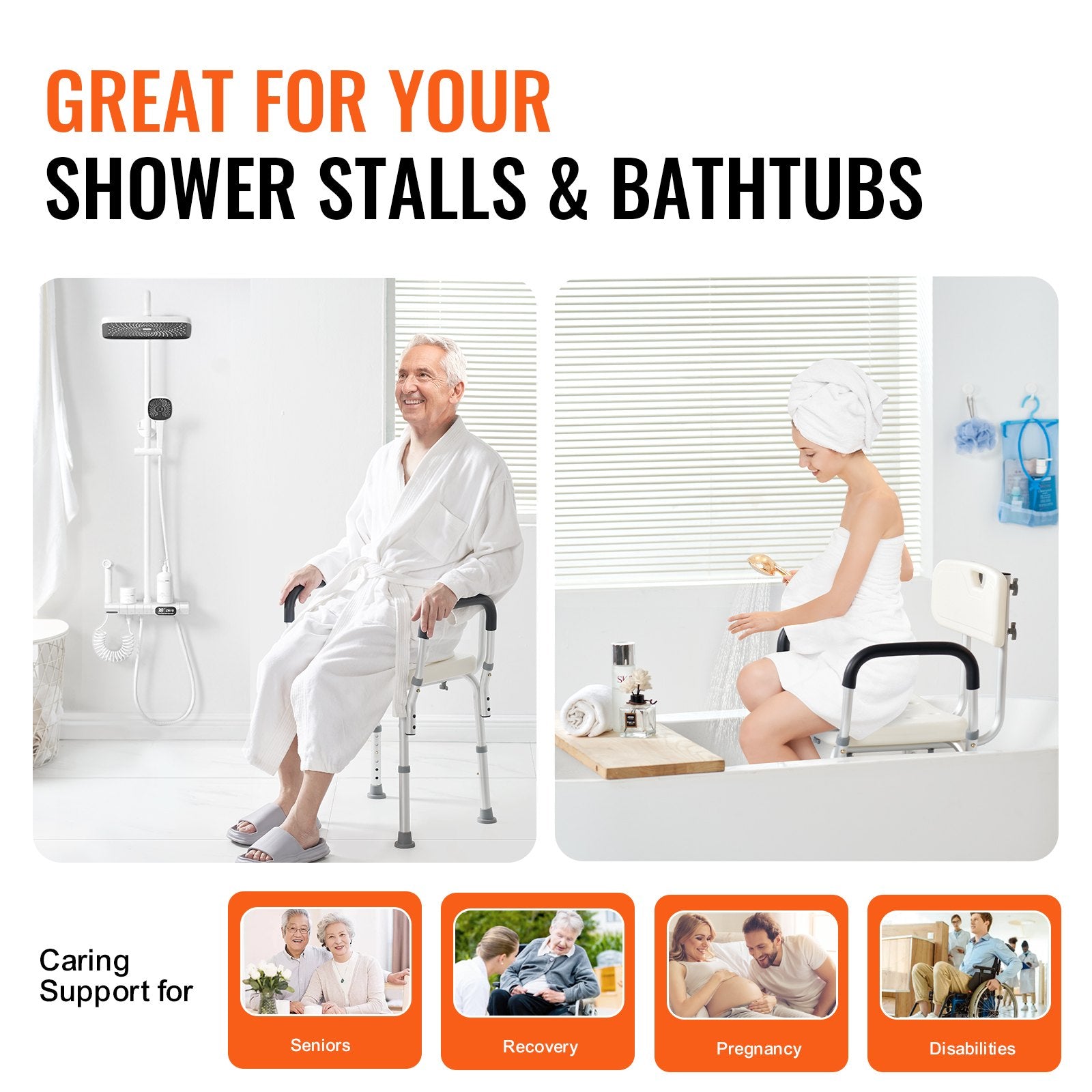 Product advertisement for shower stalls and bathtubs with images of people using the product.