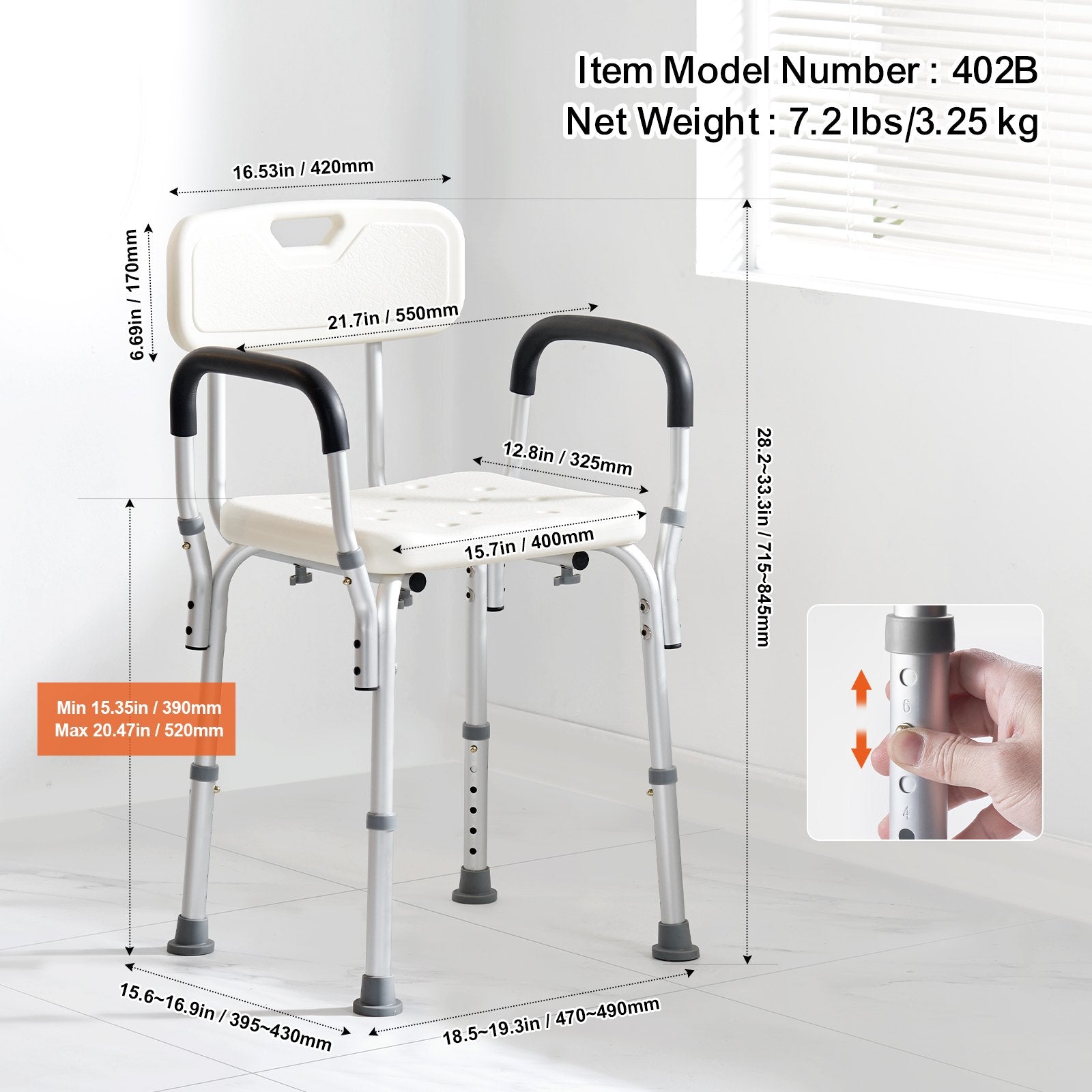 Measurement chart of a shower chair with dimensions and weight details.