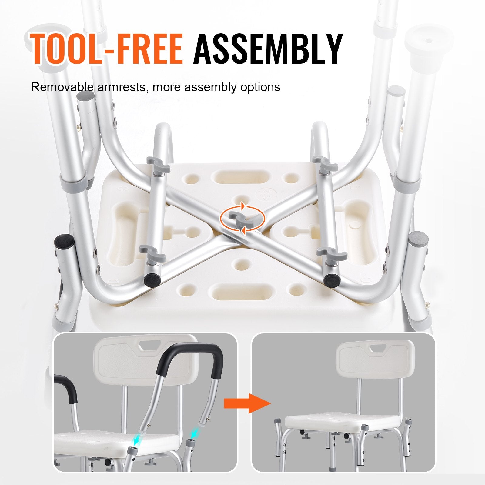 Tool-free assembly of a chair with removable armrests on a white background