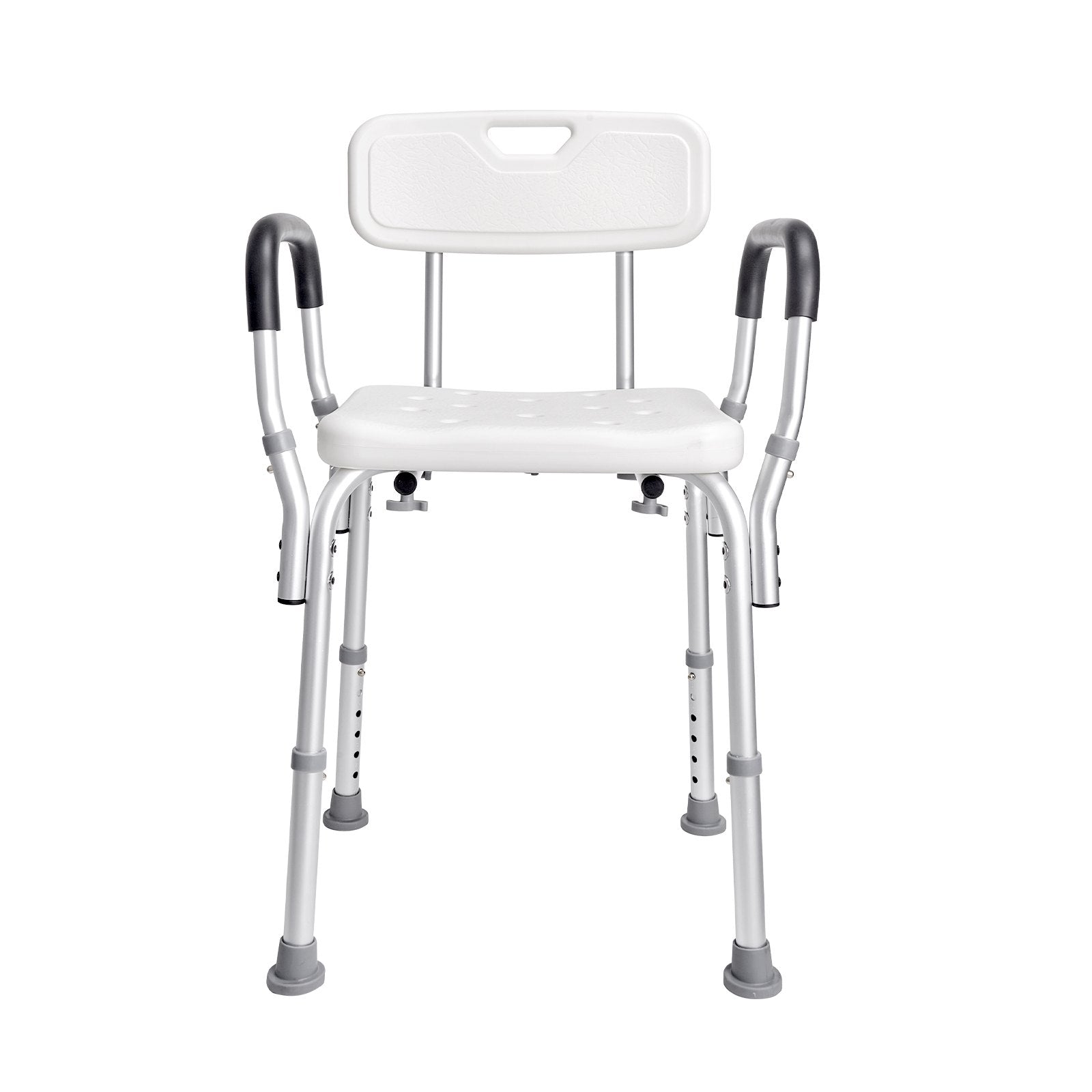 White shower chair with armrests and backrest on a white background