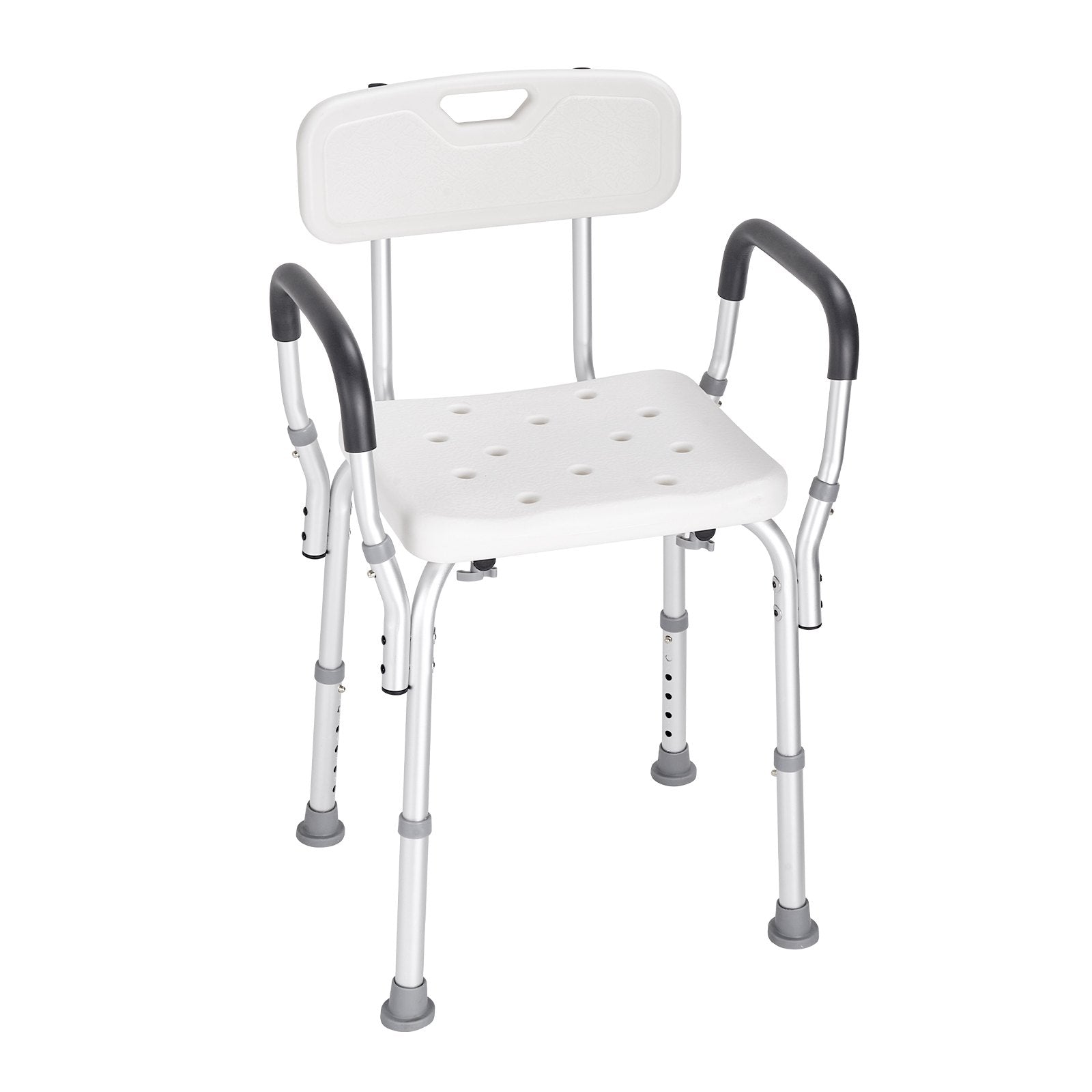 White shower chair with armrests and backrest on a white background