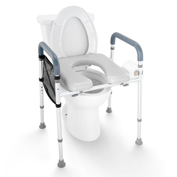 White commode chair with armrests on a white background