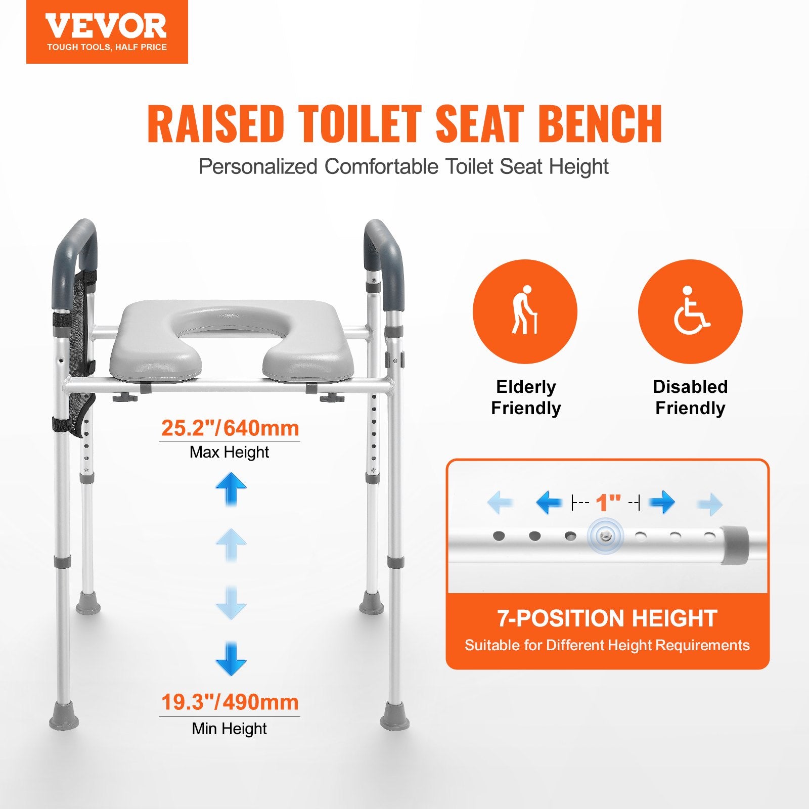 Raised toilet seat bench with VEVOR branding, features for elderly and disabled users, and height measurement details.