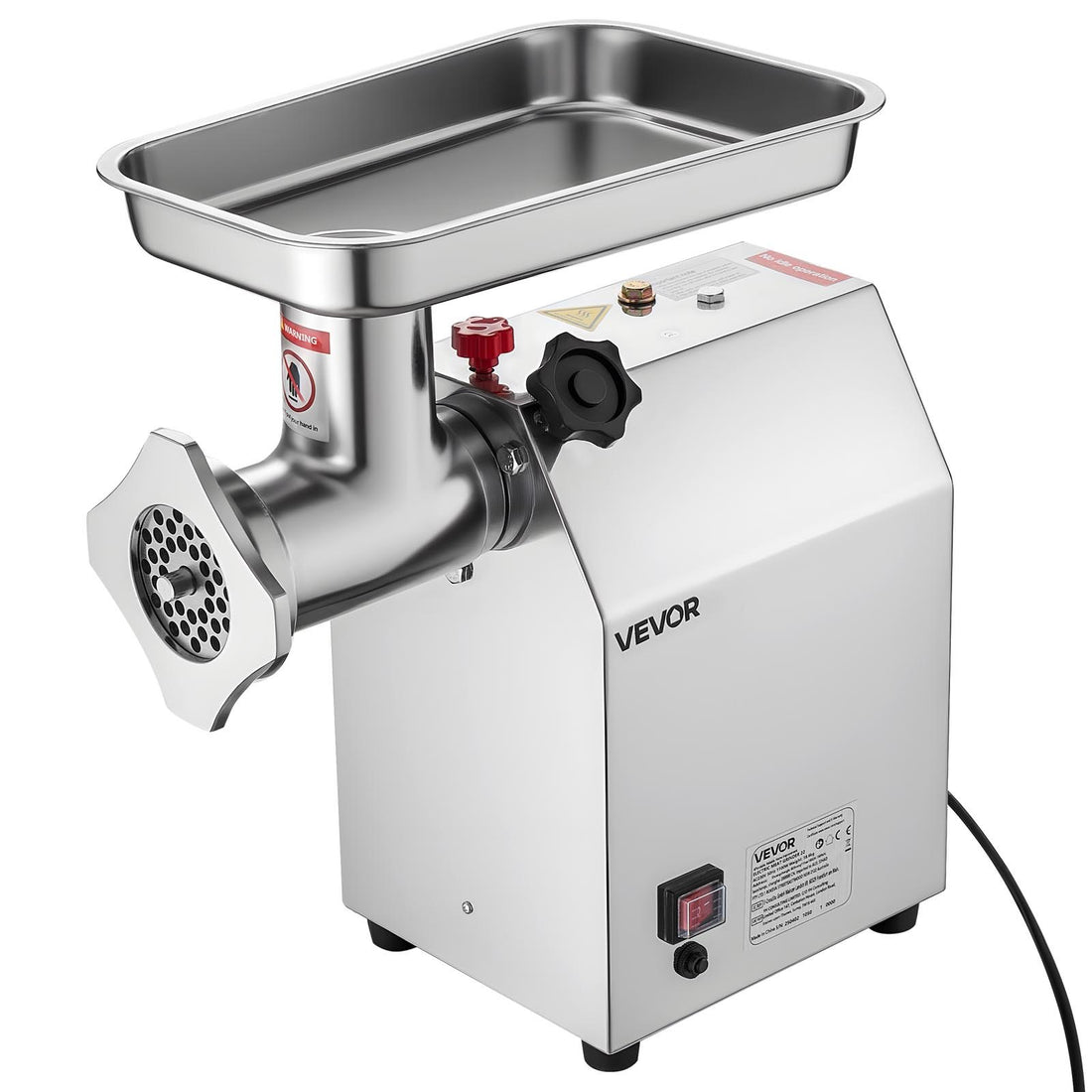 Stainless steel meat grinder with Vevor branding on a white background