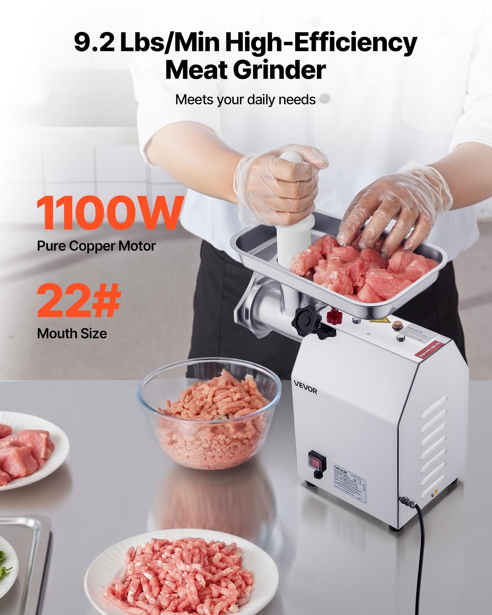 Person using a meat grinder with text highlighting features like power and mouth size.