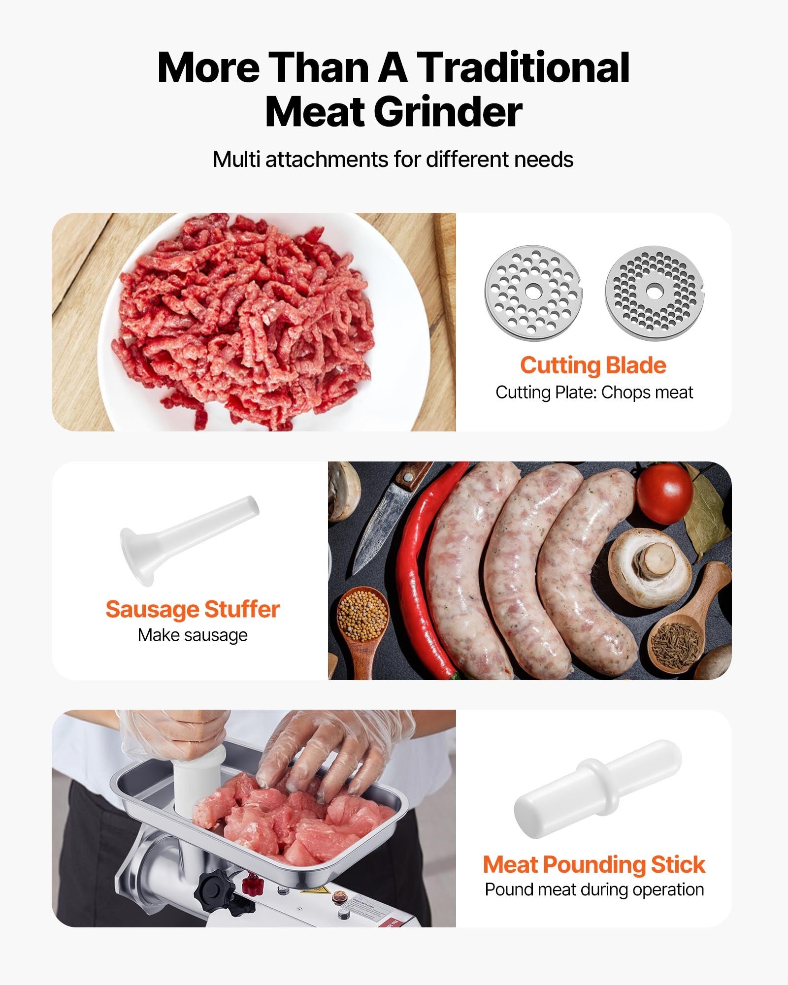 Multifunctional meat grinder with attachments for different uses on a white background.