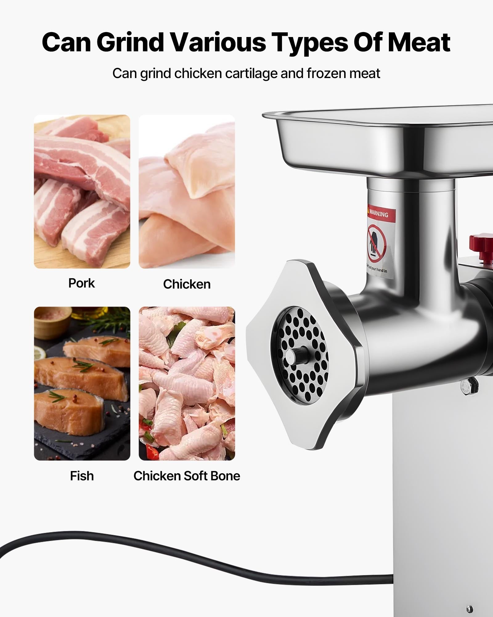 Meat grinder with images of various meats and text indicating its capabilities.