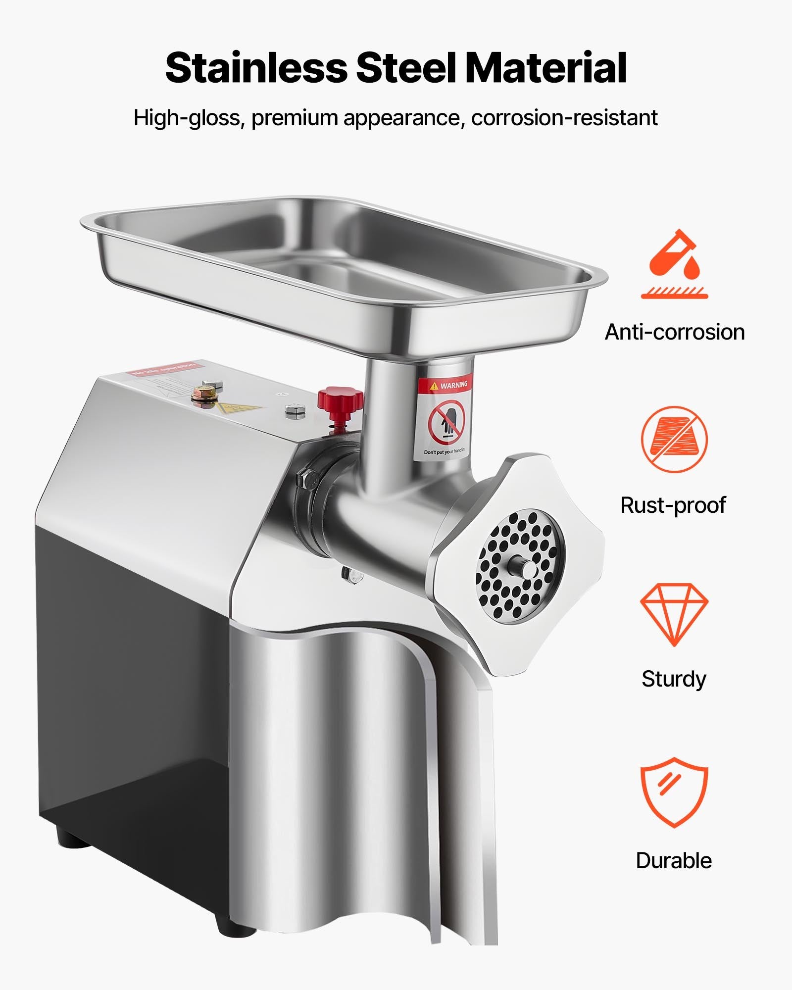 Stainless steel meat grinder with features highlighted on a white background
