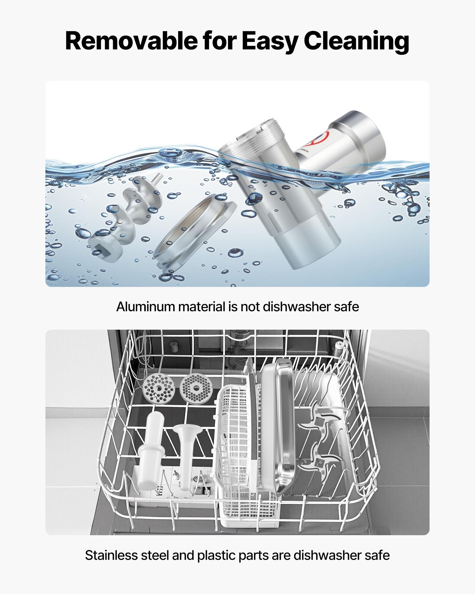Product with removable parts for easy cleaning, shown with water and a dishwasher.