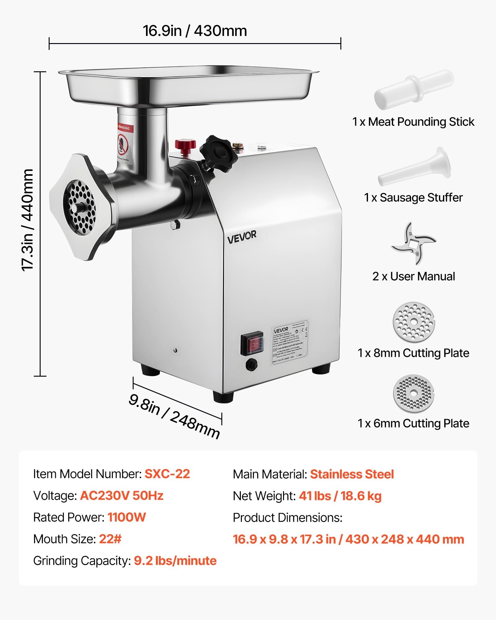 Vevor meat grinder with dimensions and included accessories on a white background