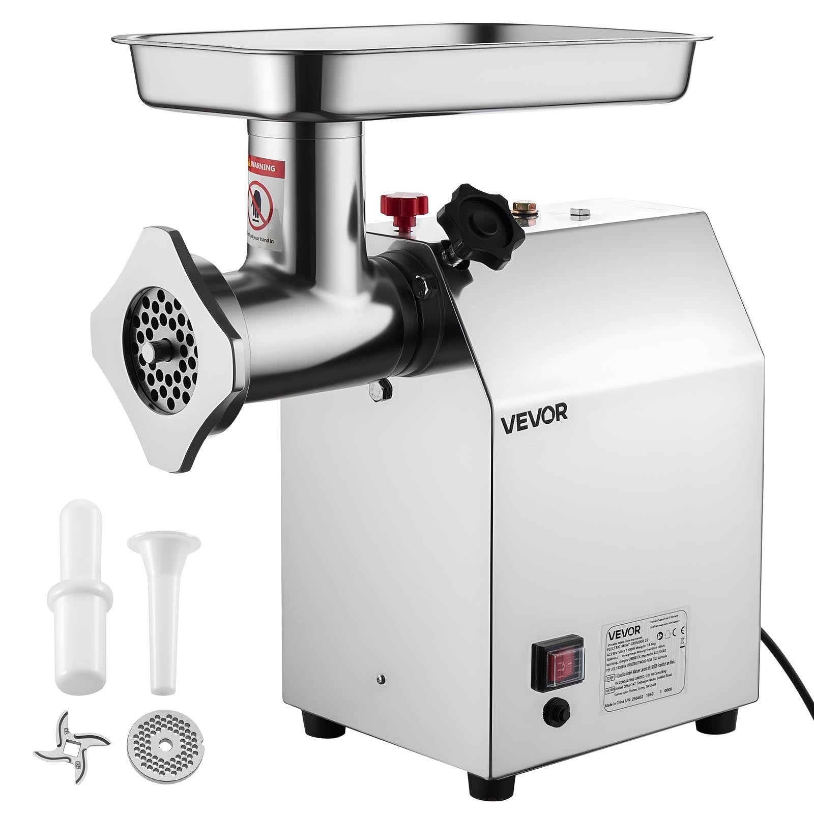Vevor meat grinder with attachments on a white background