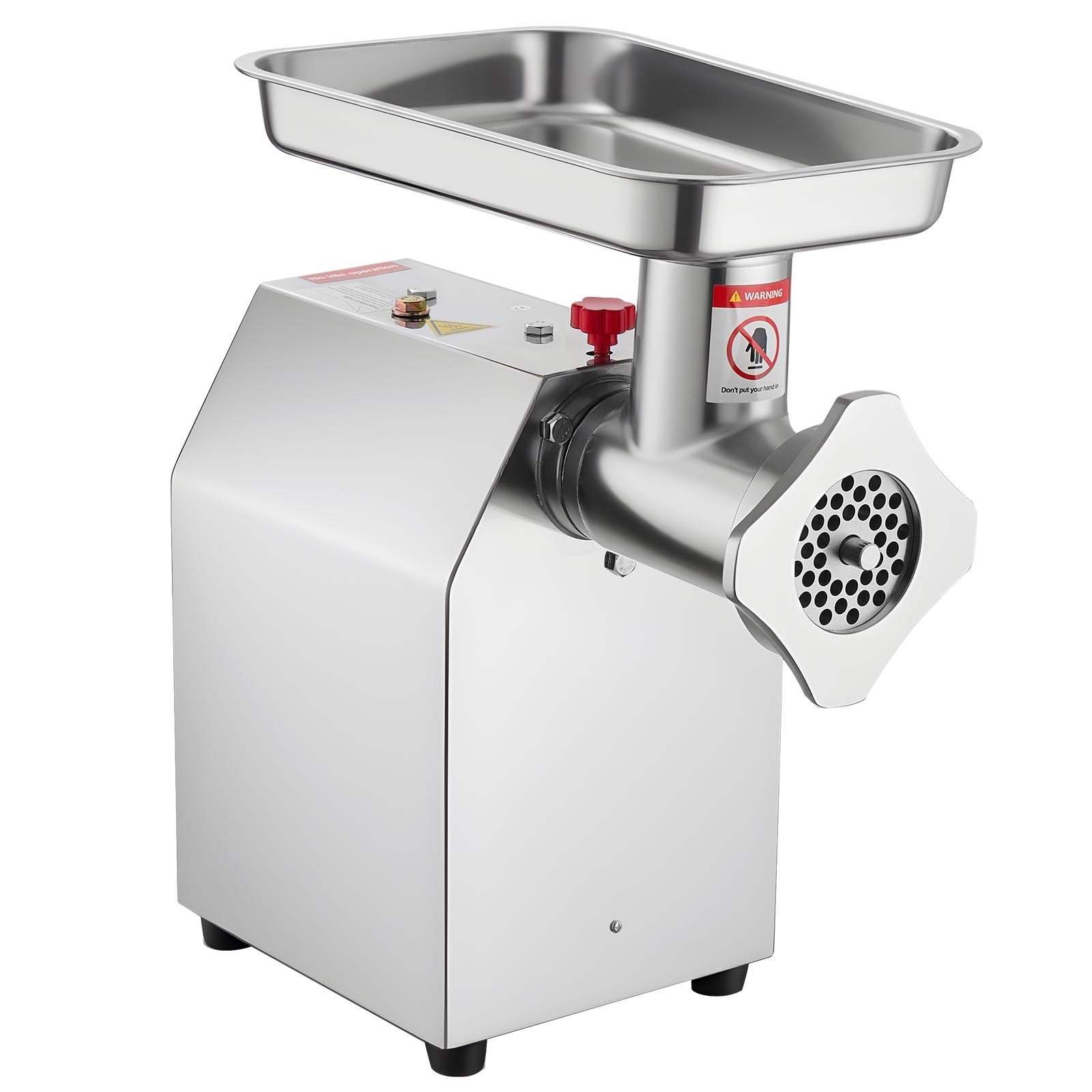 Stainless steel meat grinder on a white background