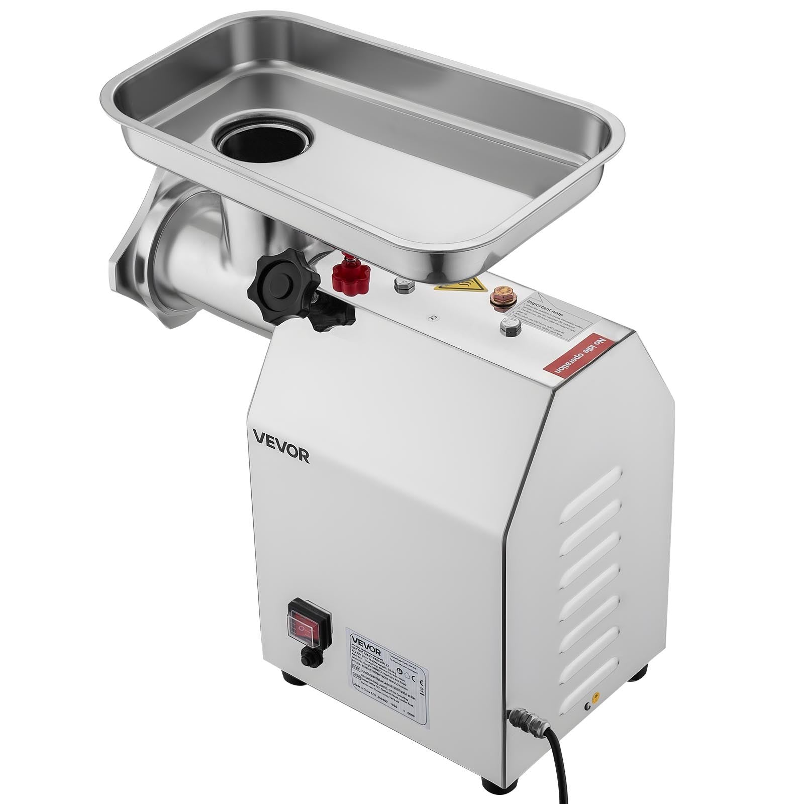 Stainless steel meat grinder with Vevor branding on a white background