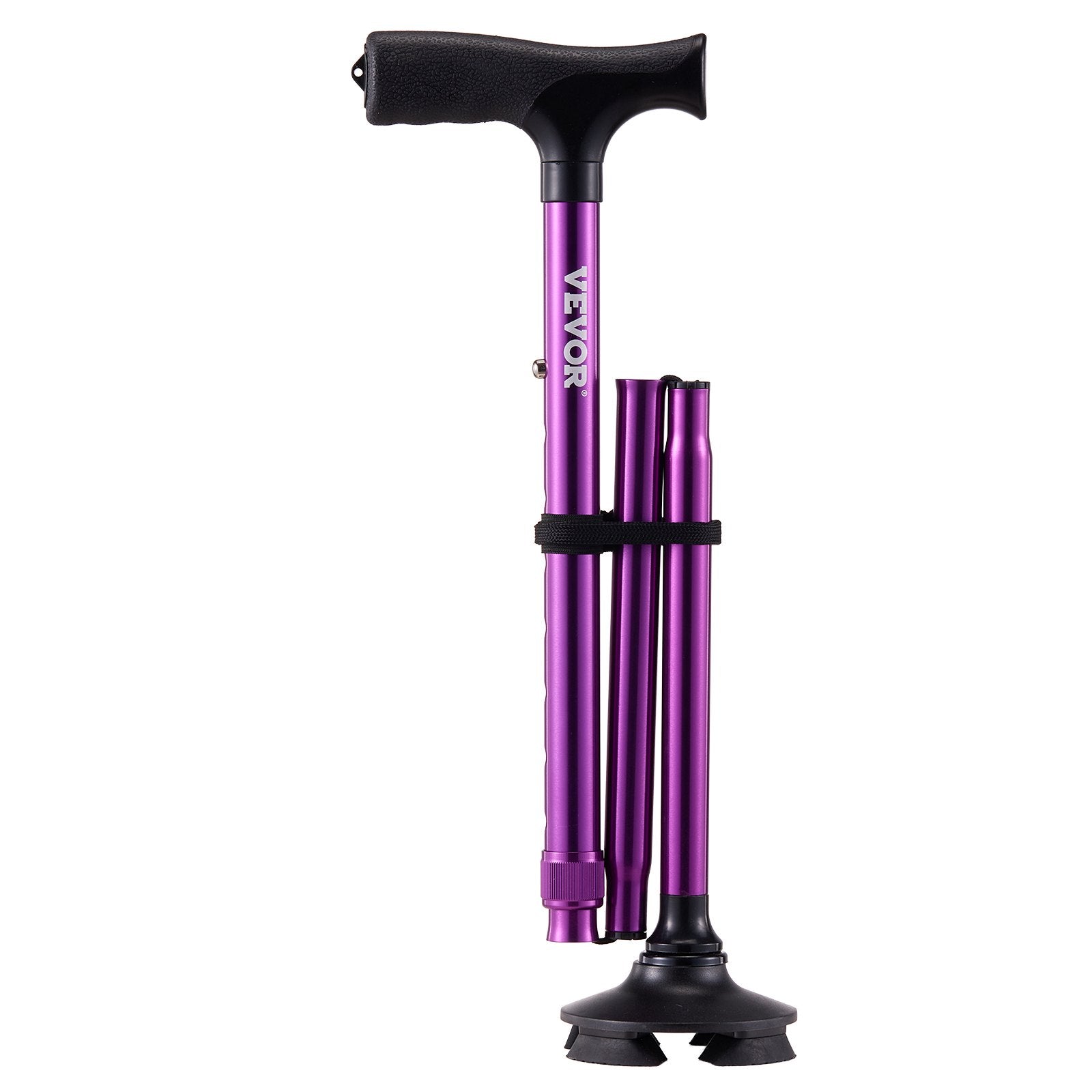 Purple walking cane with black handle on a white background