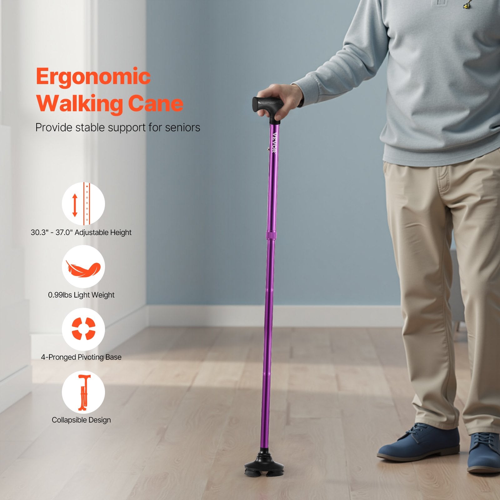 Ergonomic walking cane with features highlighted on a plain background