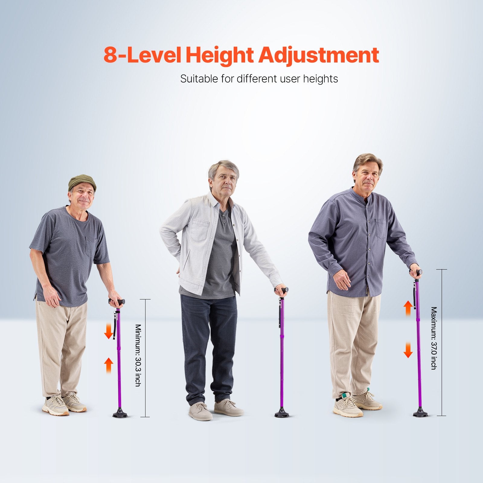 Three men demonstrating an adjustable walking stick with height adjustment markings on a light gray background.