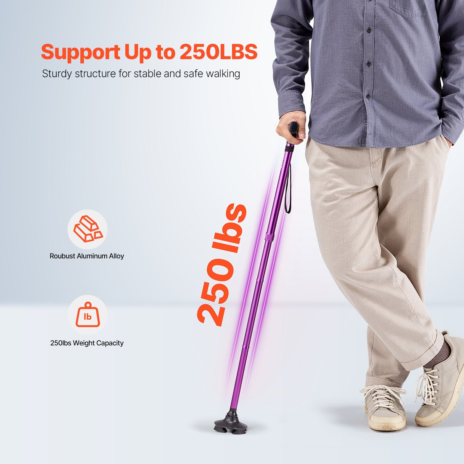 Person holding a purple walking stick with text about weight capacity on a light gray background