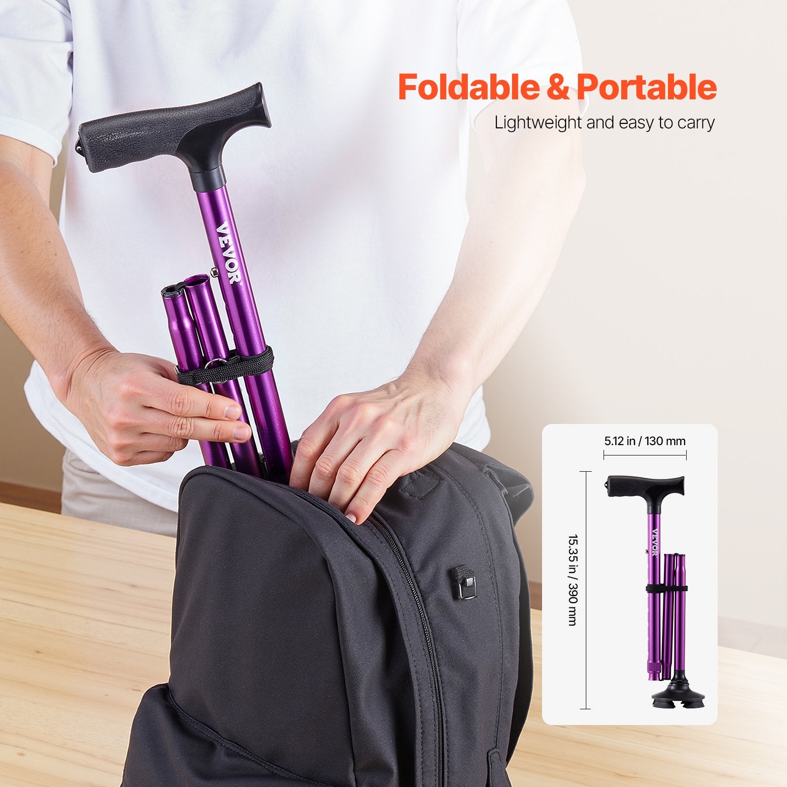 Purple folding cane being placed into a black backpack with text indicating it is foldable and portable.