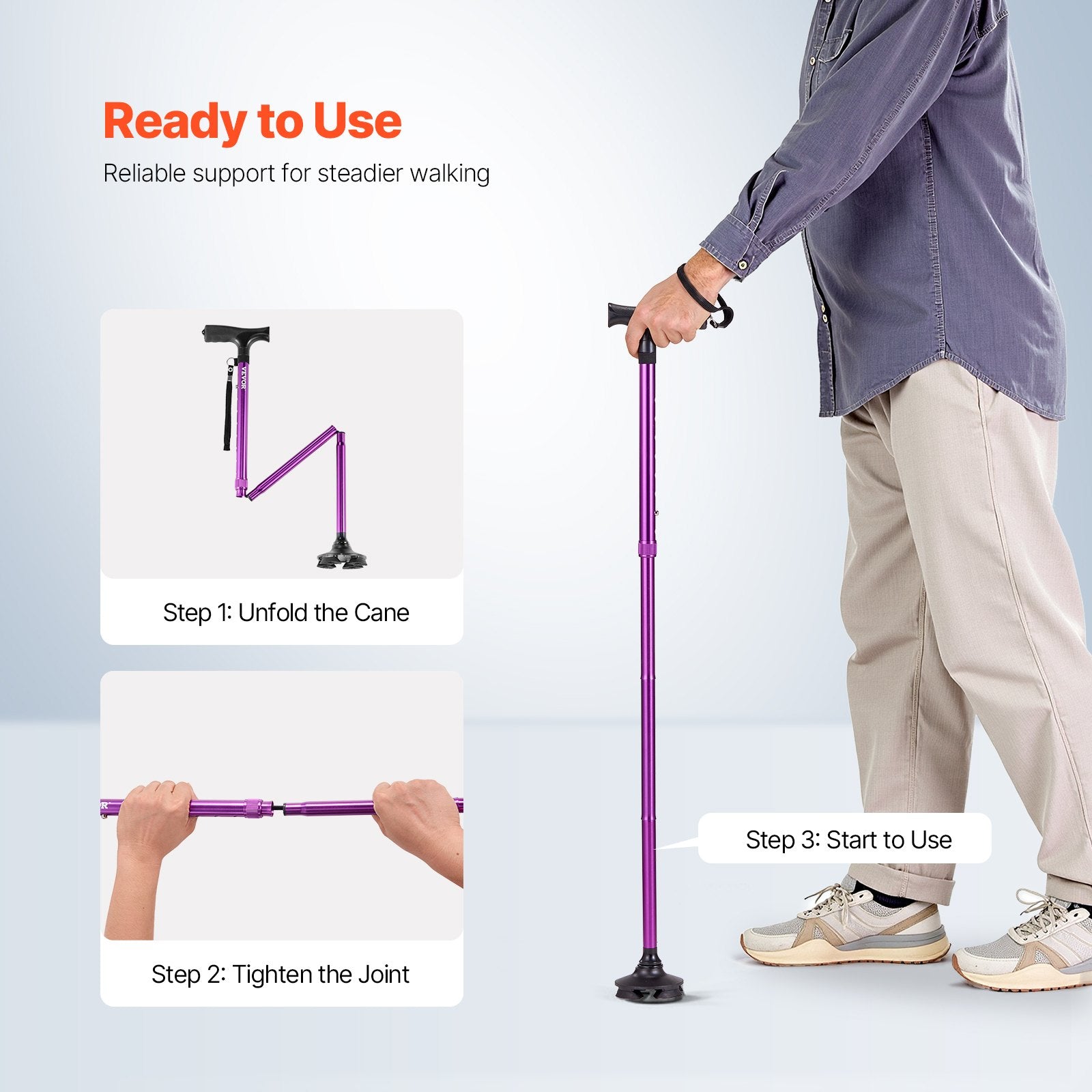 Purple walking cane with instructions on how to use it, against a light gray background.