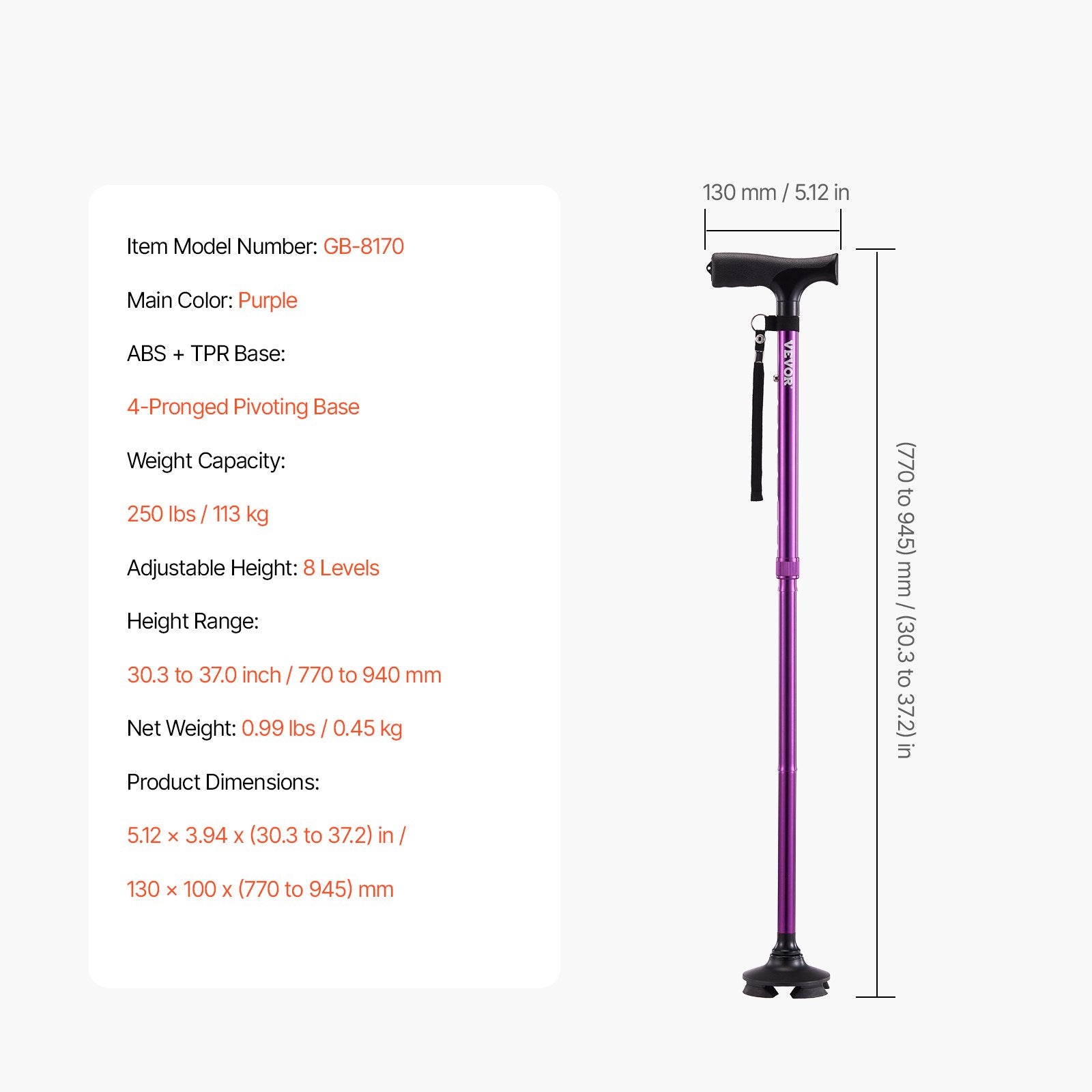 Purple walking cane with specifications on a white background